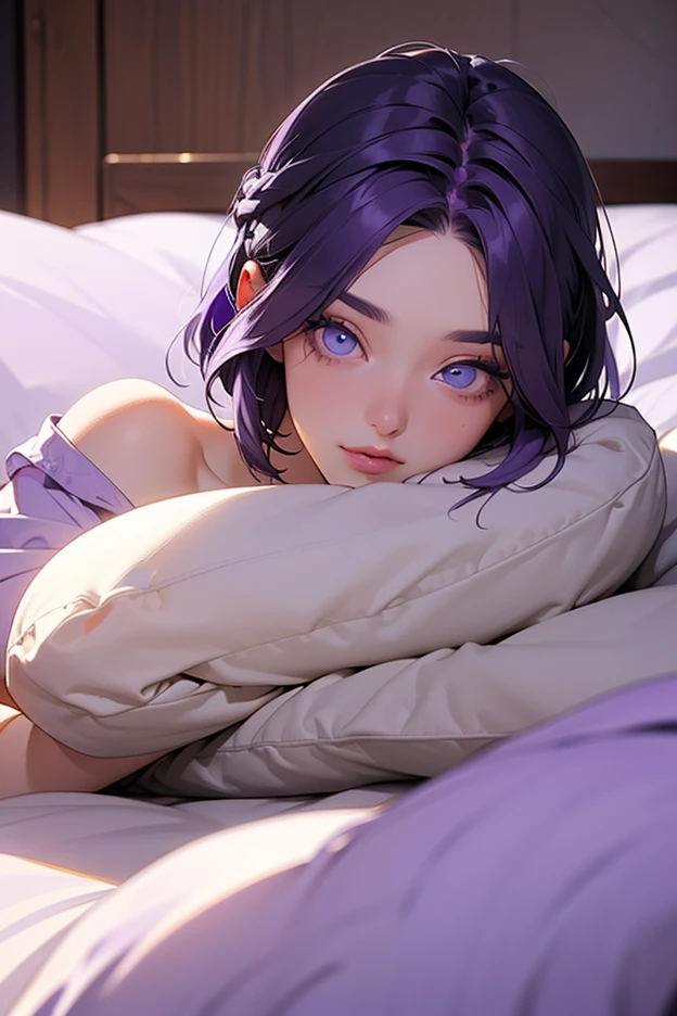 score_9, score_8_up, score_7_up, high quality ,masterpiece ,best quality ,Lying face up on the bed,In the bedroom,girl,Cute Face,,Poke out your lips, large breast ,Beautiful Skin,_Shogun_Genshin Impact, Purple long hair,Both eyes closed,Slouching,hold out both hands to the viewer,Put your hands out in front of you