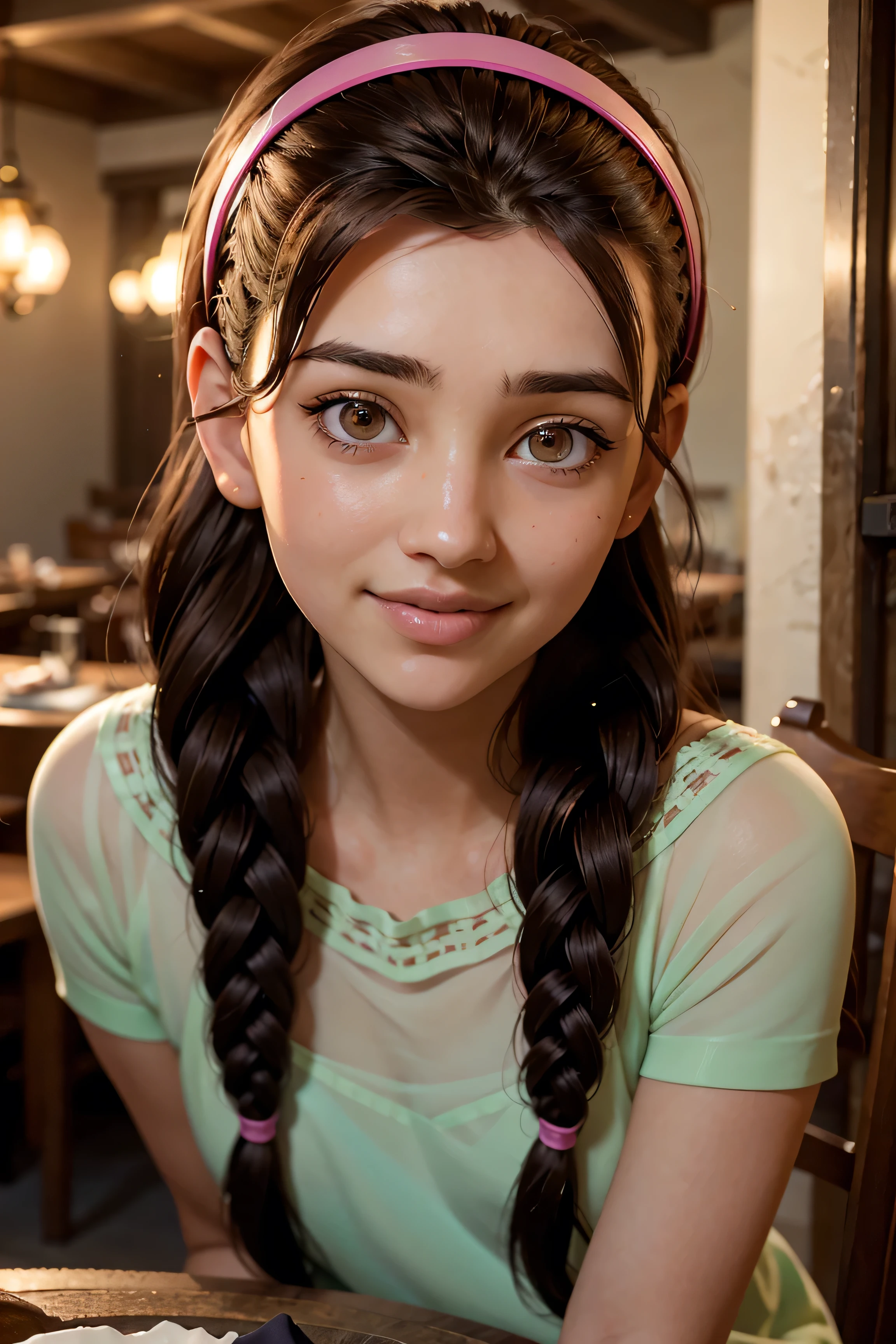 An impressive and intricate full color portrait, Ultra-HD a girl, brown hair with 2 braids, brown eyes, pink headband, detailed face, dressed in a red dress, no logos, epic character composition, alessio albi, nina masic, sharp focus, natural lighting, subsurface dispersion, f2, 35mm, (date in a restraunt), romantic date, smiling with teeth, happy face, table with dinner and flowers.