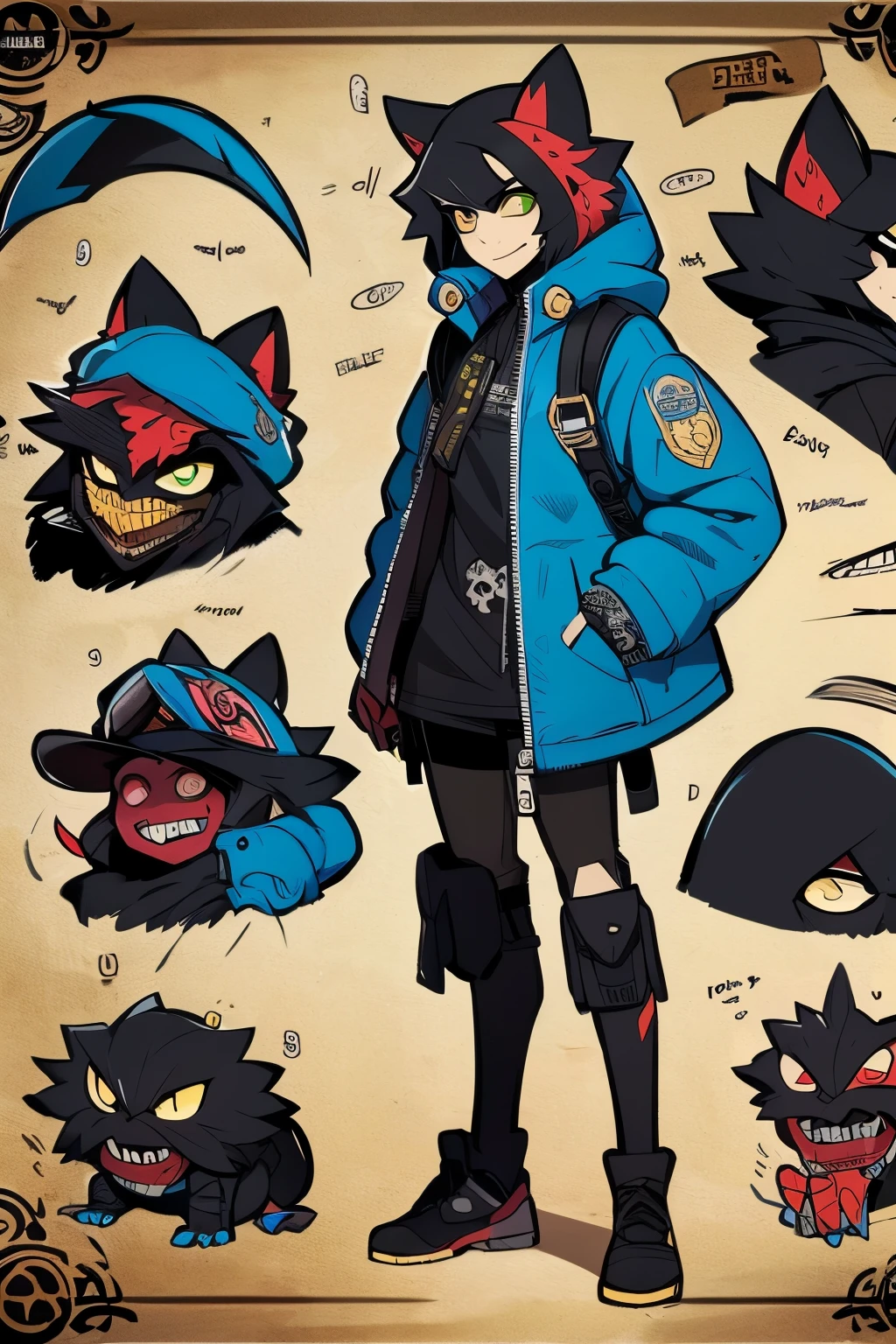 very tall boy and creepy cute monster buddy、anime-like、Adventurer、A determined smile、colorful hair with light cyan blue mesh、Monocle with analytical ability、Sporty、Emblem with the Ouroboros ring motif、cap and longer hair, He is equipped with a mechanical gauntlet on his right hand.、yellow or red or green or blue rain jacket with hood、Knee guard、lace up boots、One Shoulder Bag、。character design sheet、The monster is inspired by Giger.、ExpeditionStyle、Monster is mshn robo style、Card game style very detailed, innocent but edgy (colorful) and boyish style, fully covered, colorful soft style that does not have black clothing