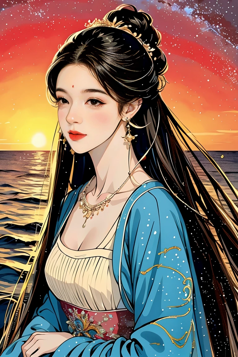 ( high res,  best quality,  masterpiece, 8k), a beautiful and cute woman, :165cm, Moderate bust,   white lace half dress , long black hair that shines blue , Perfect face 、 perfect style 、 necklace,  earrings,  my hair flowing in the wind,   bright colors,   Look at Me and Laugh, Walking barefoot on the beach ,    free drawing style full of peace and harmony 、 starry sky , sunset,  Milky Way, nebula,  anime illustration art、 digital illustration art 、 perfect art 、