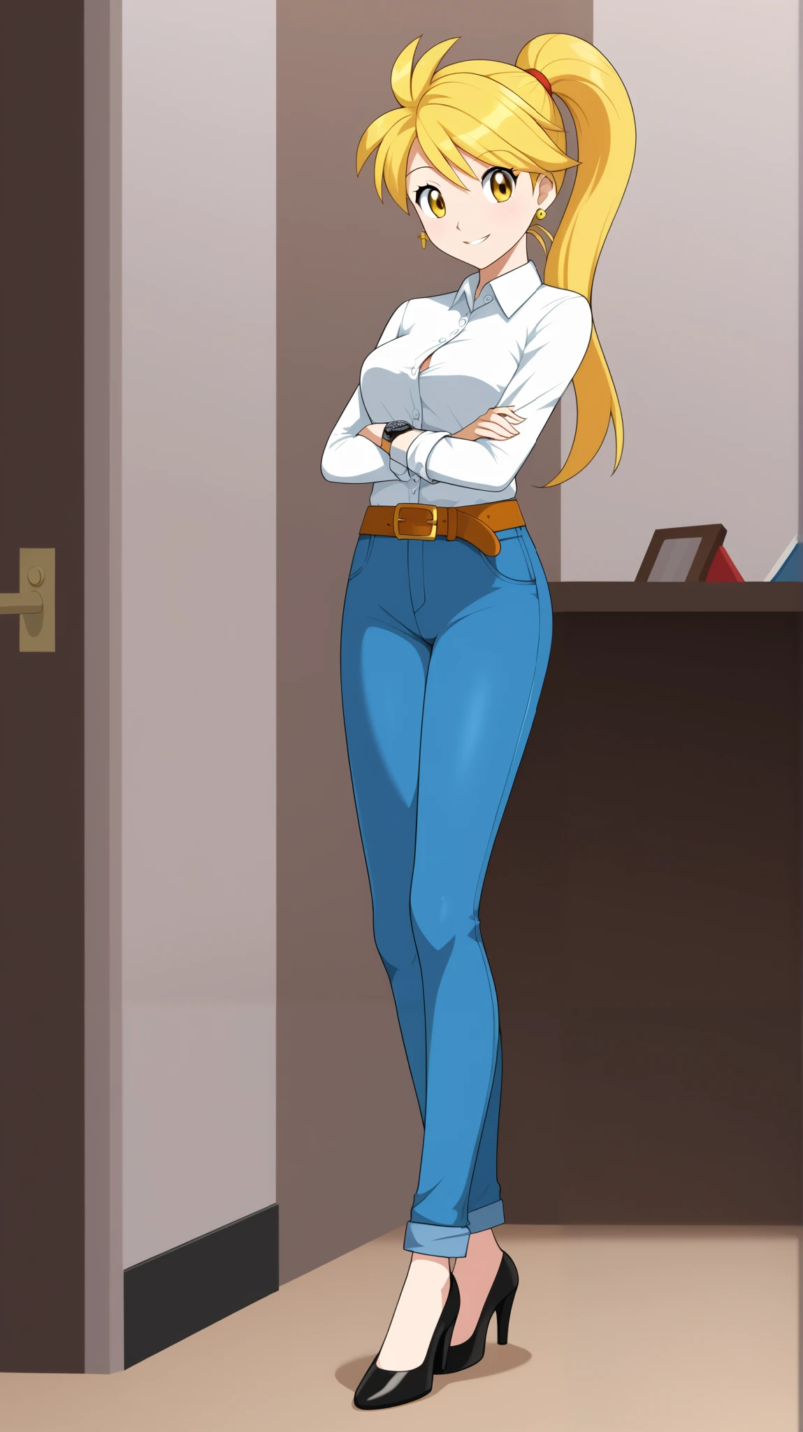 (( best quality)), (( Masterpiece)), ( Details),  1girl , Two legs, two arms, Alone,  golden hair color,  ponytail,  long hair,  yellow eyes,  yellow earrings,  career woman,  white button shirt, Blue jeans, belt,  black high heels,  Height,  anime coloring book,  Watch viewers, 1 Female, Age 18,  standing, whole body,  cross arms,  small tits,  slim figure,  sexy smile,  seductive smile,  office, (\ Pokémon\),  score_9,  score_8_ excellent,  score_7_ excellent,  score_6_ excellent,  source_Anime,  cell shading ,  FLAT COLOR , vector,