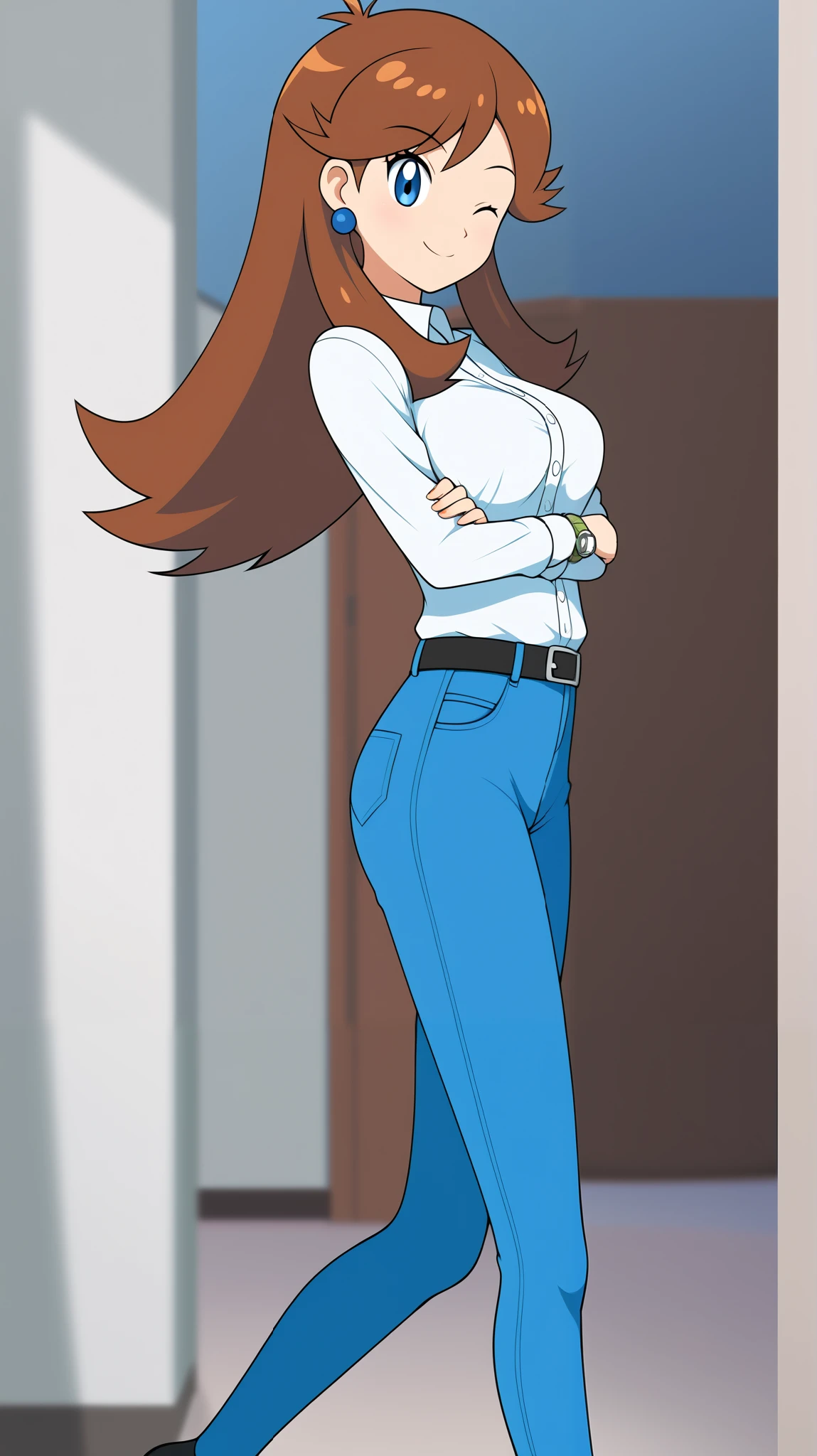 (( best quality)), (( Masterpiece)), (( Details)),  1girl ,  orange brown hair color,  long hair,  blue eyes,  white button shirt, Hemming,  blue long sleeve jeans, belt,  black high heels,  blue earrings,  sexy smile,  seductive smile, wink,  close one eye,  Watch viewers,  cross arms,  Height,  anime coloring book, 1 Female, Age 18, Three idiot hairs ,  with bangs, whole body,  slim figure, Ample breasts,  office, (\ Pokémon\),  score_9,  score_8_ excellent,  score_7_ excellent,  score_6_ excellent,  source_Anime,  cell shading ,  FLAT COLOR , vector,