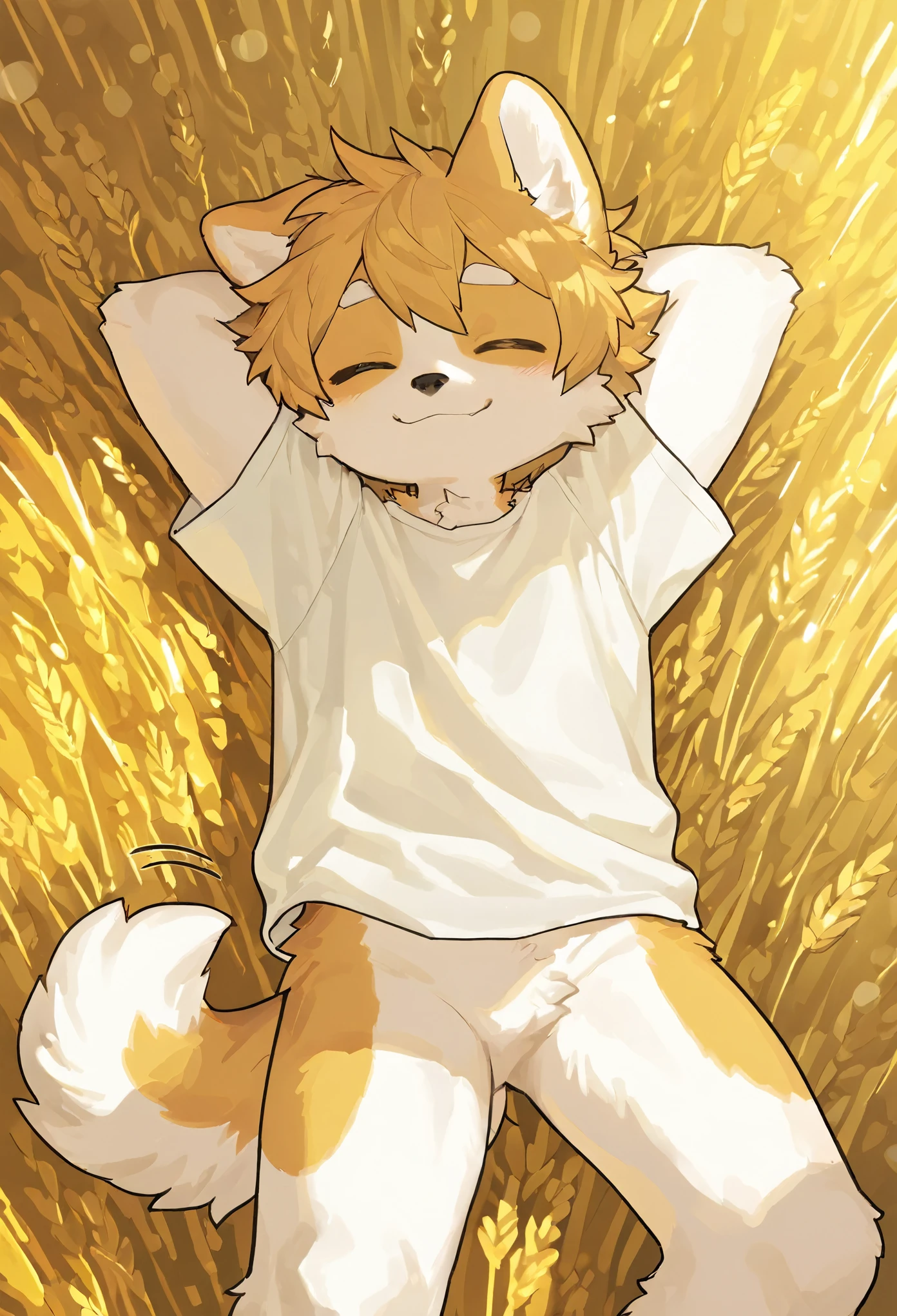 source_ furry, furry male,,((boy )),Dog boy ,short hair,masterpiece, newest,absurdres, incredibly absurdres, messy hair, anthropomorphic Dog boy , male furry, canid features,Lying position,Seen from above , fluffy pointed ears, black nose, bushy tail, age appearance, casual short-sleeve shirt, relaxed posture, lying on back in golden wheat field, arms behind head, legs crossed, tall ripe wheat stalks, soft wind blowing through fur and wheat, wide joyful smile, closed eyes, relaxed expression, wagging tail, sunlight filtering through ears, warm golden hour lighting, ultra-detailed fur texture, hyper-realistic wheat details, depth of field, bokeh effect, impressionist-style cloudscape, digital painting style, trending on ArtStation, 8k resolution,
to milkytiger1145 , author: k0bit0wani ,( cute),boy