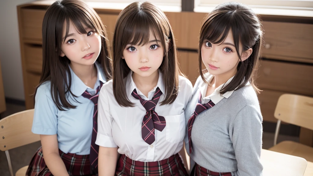 Browsing Caution, ((masterpiece)), ((Highest quality)), (Very detailedな), ((cute)), cute, (Multi-point), ((sexy)), (device), ((Very detailed)), 4K, (8k), Highest quality, (beautiful), hyper cute face, shape, Anime Style,hyper Genuineistic, Genuine, Dynamic Angle, ((whole body)), close, Thick outline, Clear contours, (Three Girls, 3 cute girls:1.5), (Schoolgirl Uniform :1.5), beautiful light brown hair, beautiful brown eyes, ((beautiful eyes)), (Under the skirt:1.5), short hair, Big Tits,Big cleavage、Shoulders stick out、Six-pack、smile、Bedroom、bed