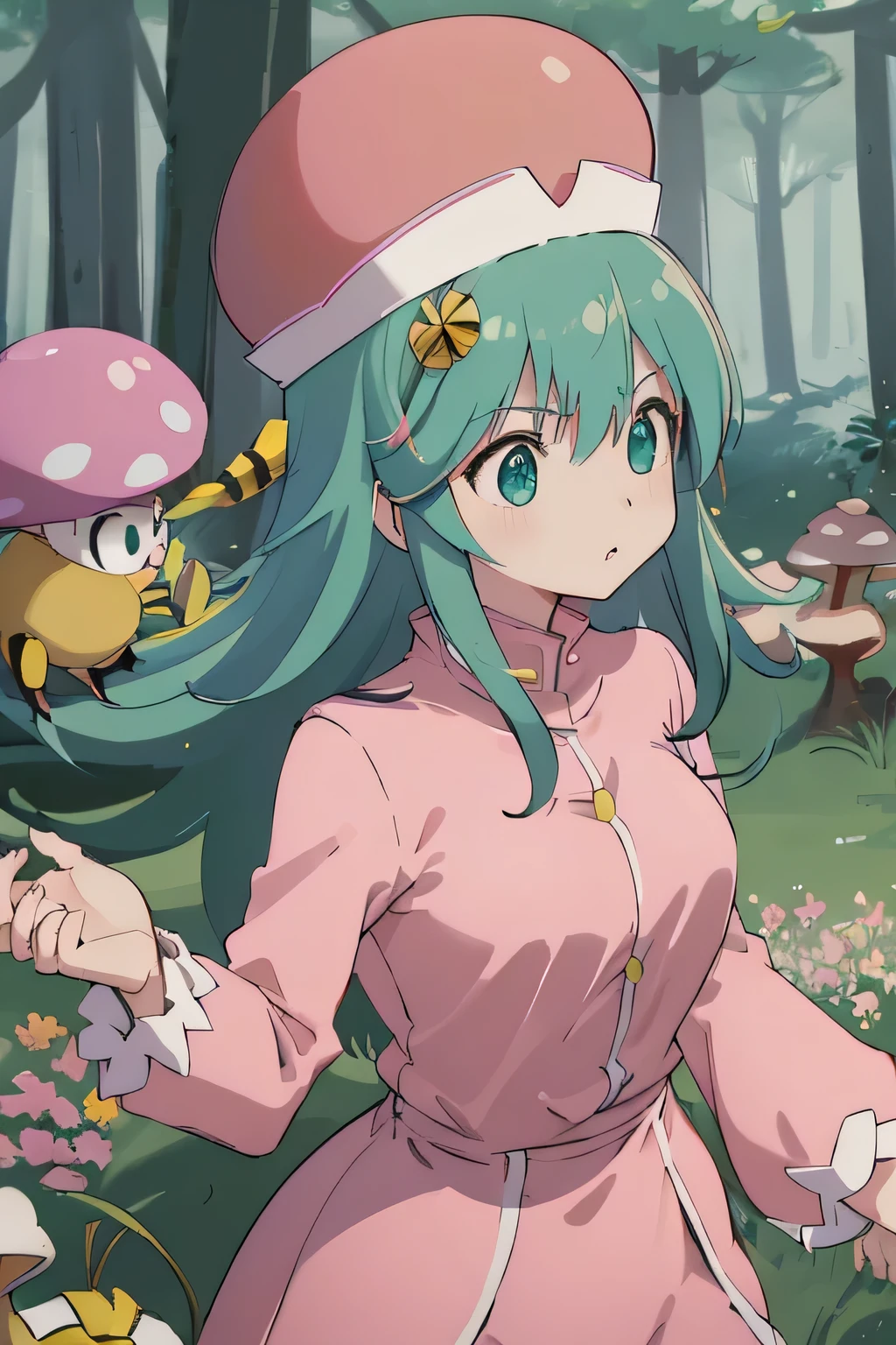 best quality, masterpiece, high res, Details, digital art , hxhponzu , light blue hair, green eyes , real hair ornaments, round real hair ornaments, pink shirt, pink hat , upper body, anger, bee. 多くのbee, beeが飛ぶ, mushroom forest with round