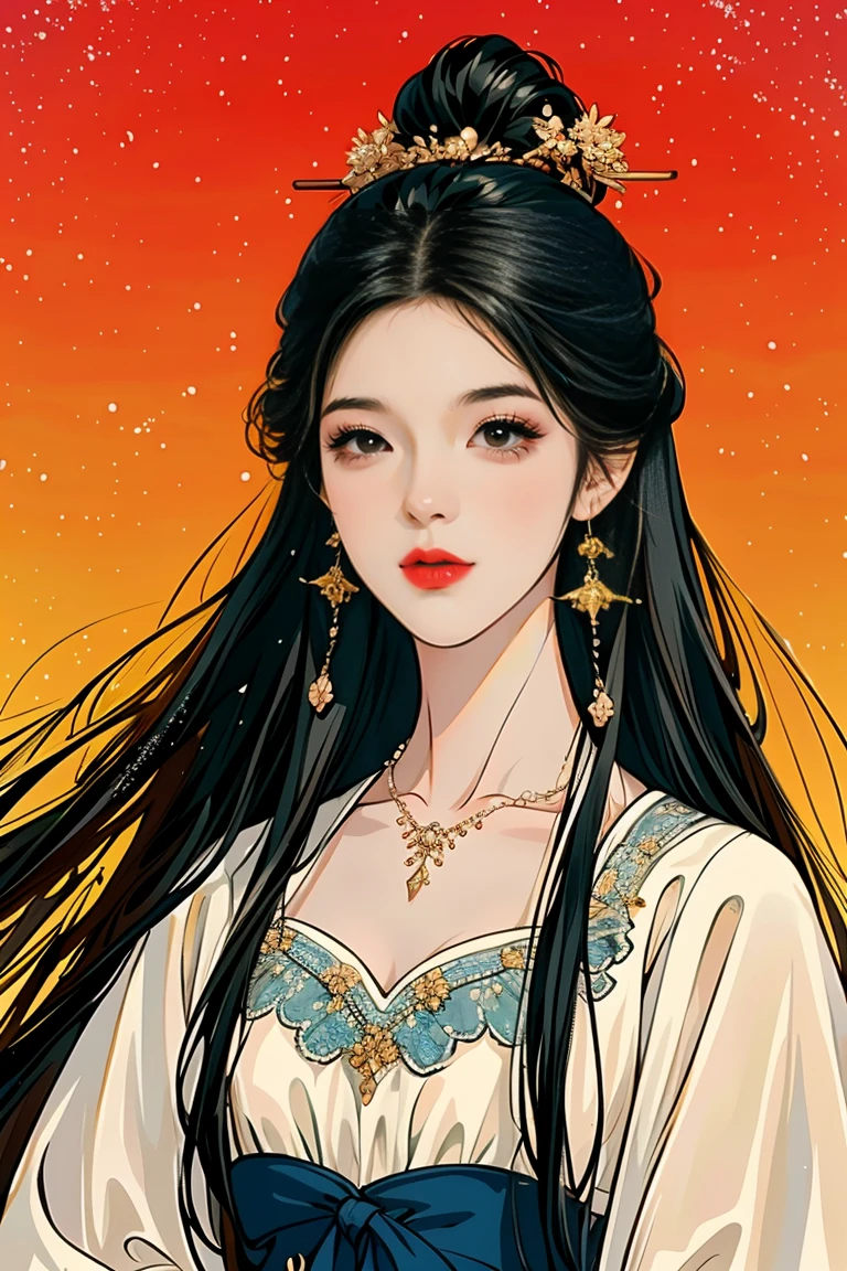 ( high res, best quality, masterpiece, 8k), a beautiful and cute woman, :165cm, Moderate bust, white lace half dress , long black hair that shines blue , Perfect face 、 perfect style 、 necklace, earrings, my hair flowing in the wind, bright colors, Look at Me and Laugh, Walking barefoot on the beach , Waist-up shot、 free drawing style full of peace and harmony 、 starry sky , sunset, Milky Way, nebula, anime illustration art、 digital illustration art 、 perfect art 、