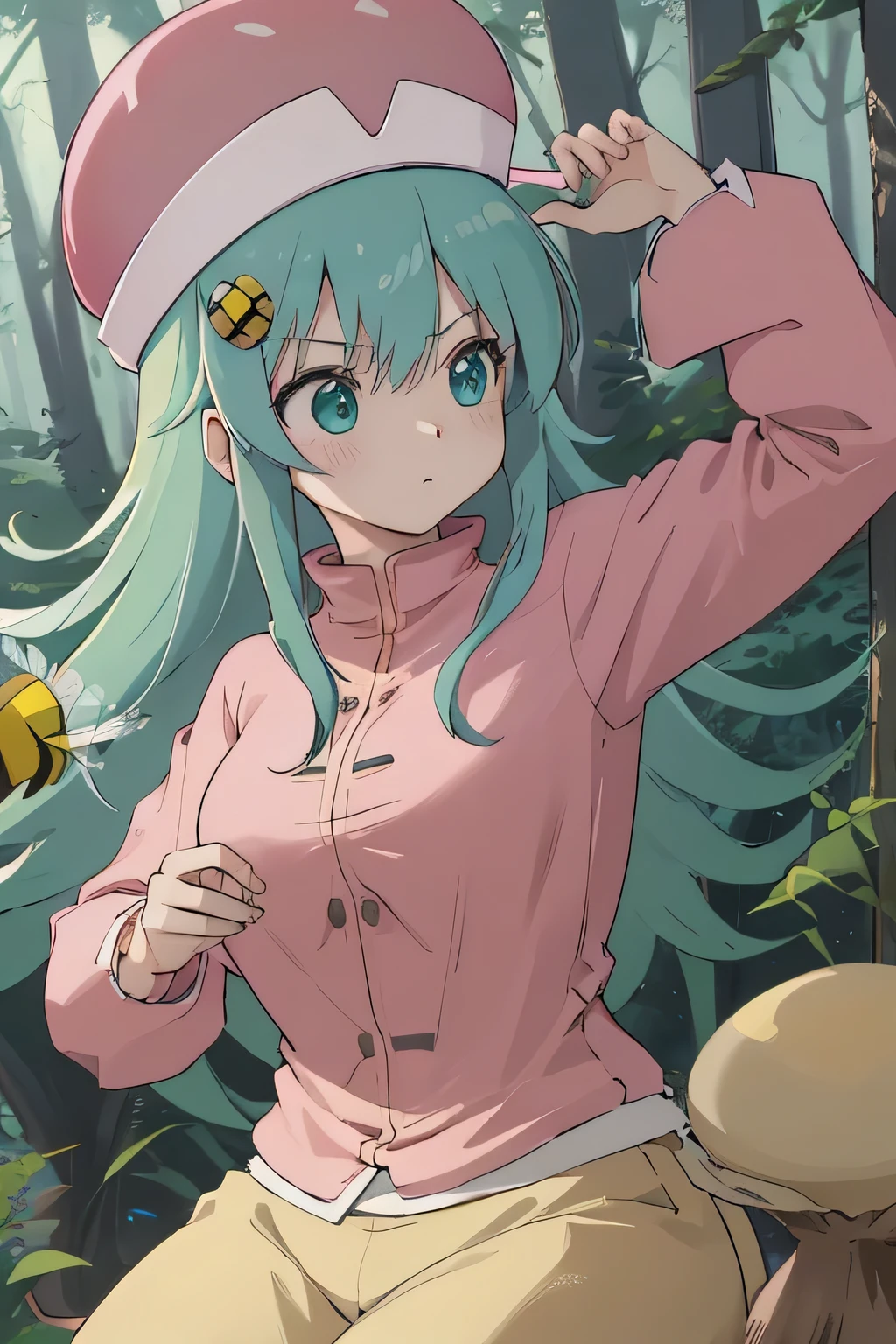  best quality,  masterpiece,  high res,   Details,   digital art , hxhponzu ,  light blue hair,  green eyes ,  real hair ornaments, round  real hair ornaments,  pink shirt,  pink hat ,  upper body, anger, bee. 多くのbee, beeが飛ぶ,  mushroom forest with round,  in the woods,  bright