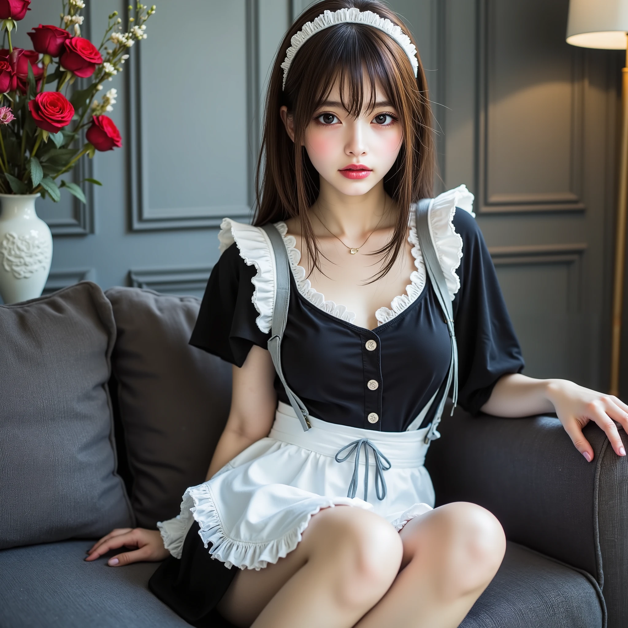 The image features a young woman in a provocative maid costume. She has short, grayish-brown hair with bangs and is wearing a maid headband. Her outfit includes a low-cut, ruffled dress that exposes a significant amount of cleavage, with matching thigh-high stockings that have lace trim. The woman is on her hands and knees on a light blue sheet, looking directly at the camera with a serious expression. (Cum on face and breasts:1.6), giving a suggestive impression. The background includes a dimly lit indoor setting with various industrial elements. The overall scene is highly stylized and erotic. Hyper realistic photo, vibrant colors, 16k