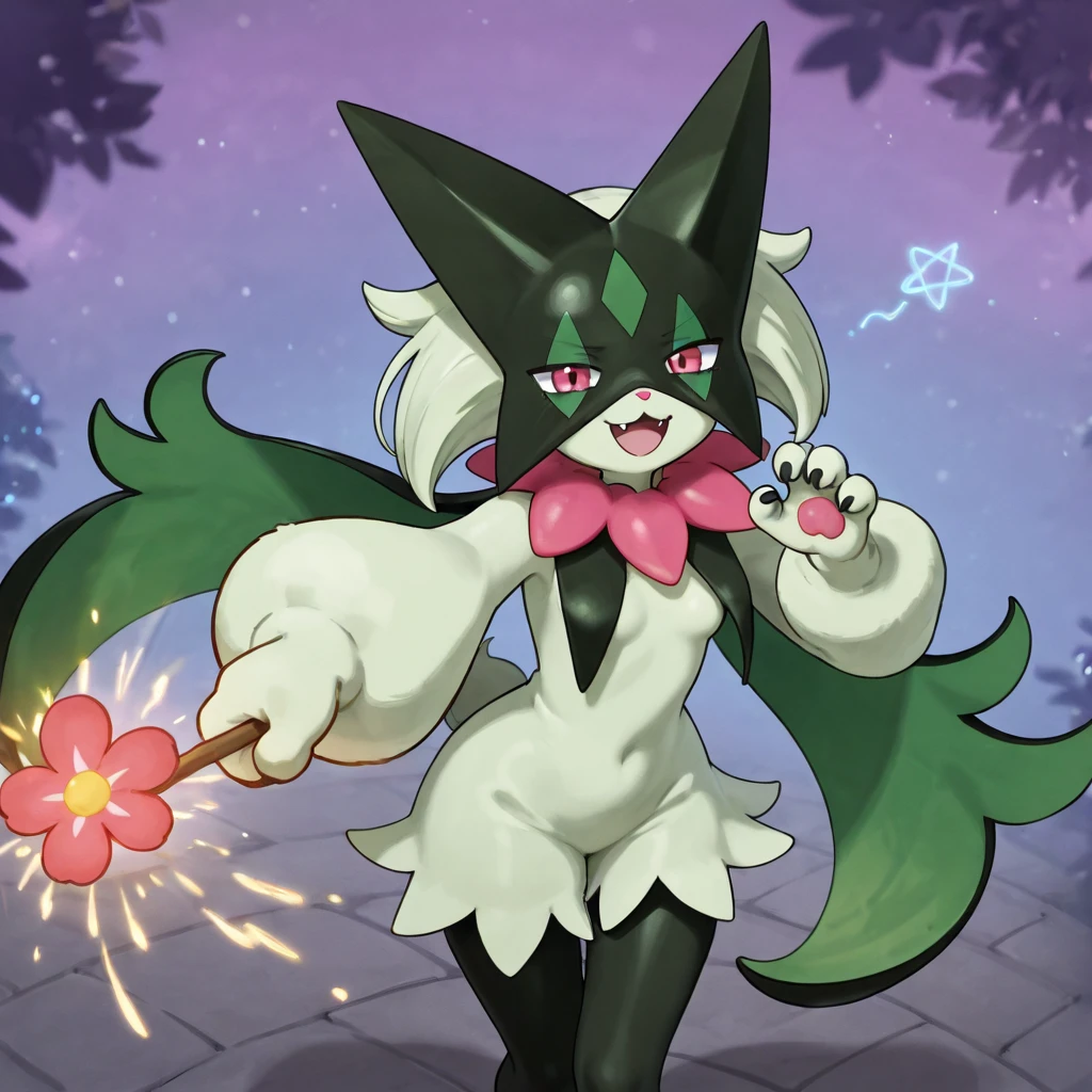 (by Kakure Eria, by Sskomu \(artist\)), solo feral (meowscarada:1.25), big eyes, black legs, light green dress, \:3, flat chested, 4 fingers, waving at viewer, three-quarter portrait, three-quarter view, low-angle view, BREAK, amusement park, party, banner, cloud, sunset, balloon, fireworks, backlighting, masterpiece, best quality, 4k, 2k, high detail, absurd res