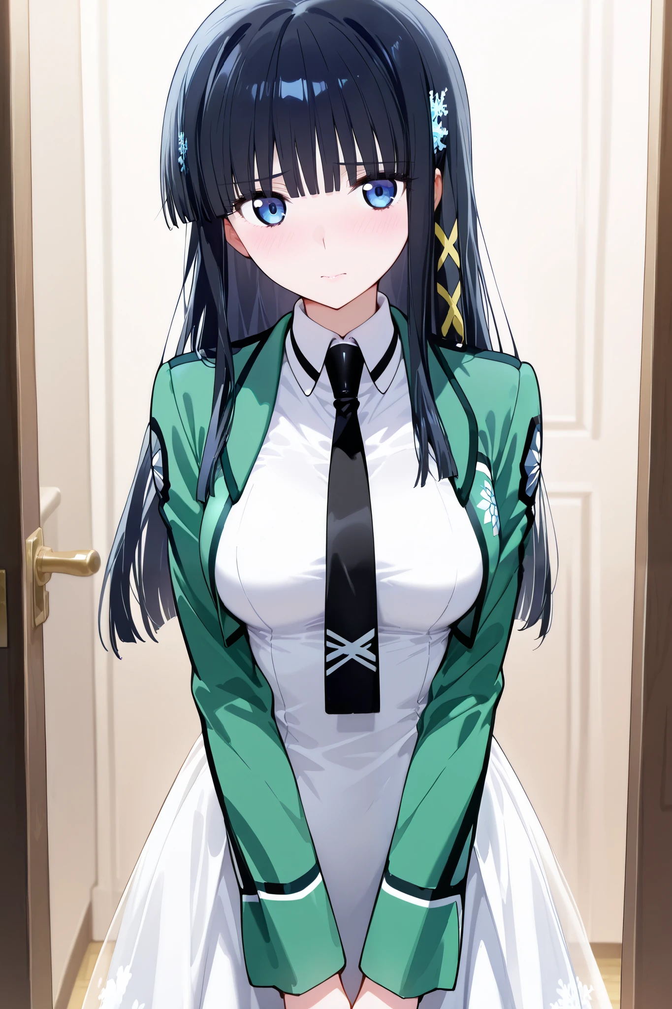 [[miyuki250219]],1lady, beauty, glossy lips,Rouge,detail eyes,

shiba miyuki, black hair,long hair, blunt bangs, eyebrows visible through hair, blue eyes, snowflake hair ornament, yellow x hair ornament,mahouka school uniform, cropped jacket, green jacket, long sleeves, (white dress, mini dress), mermaid dress, black necktie,(large breasts:0.8),

upper body,cowboy shot,from front,

embarrassed,

 (extremely detailed CG,masterpiece, highres icon,absurdres,4K),
