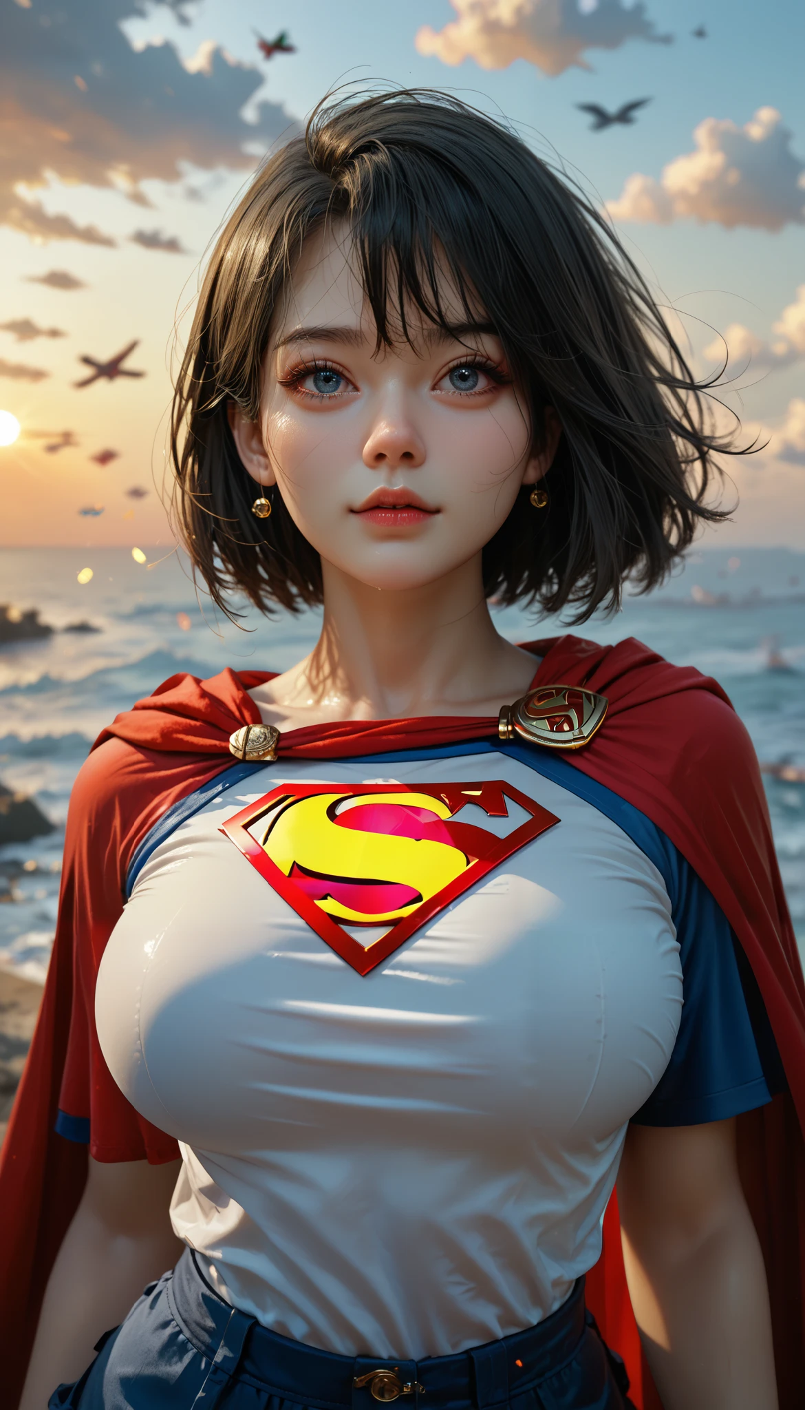 ( Ultra HD:1.3) (Huge breasts :1), Wide Hips , Supergirl, Supergirl 의상, red cloak, Korean girl , black short hair, Supergirl, black short hair, flying through the sky without a shirt , Portrait focus