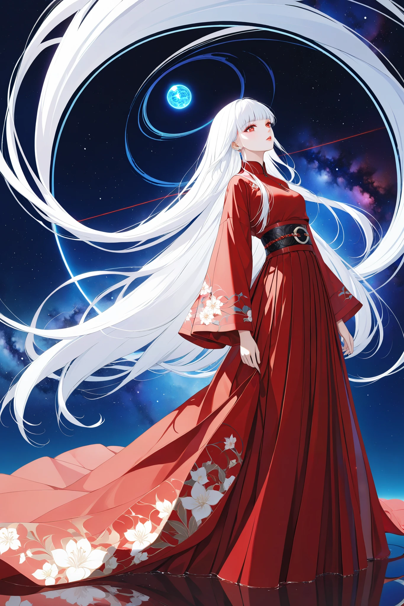 prompt[Character part ]  surrealistic illustration ,  girl, long straight white hair with full bangs, glowing red pupils( light red eyeshadow ),  hydrating lip makeup , and the red top is waxy and tight, Slightly wide cuffs with embroidered pattern. The red skirt is wide and the long skirt is lightweight, It looks elegant with an embroidered belt around the waist， barefoot， head tilted 15 degrees,  nebula texture long hair [ environmental part ] Background wallpaper( changing Fibonacci sequence),  ground galaxy reflection , Multiple biological projection on the bottom left [ style parameters ] Klein blue dominant color ,  laser light effect ,  Escher-style contradictory perspective ,  ceramic crack texture , 800% detailed accuracy 