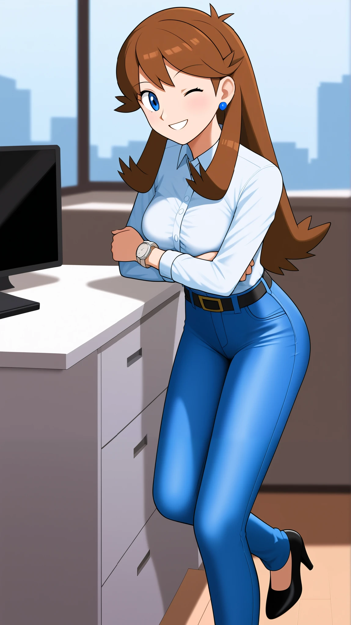 (( best quality)), (( Masterpiece)), (( Details)), 1girl , orange brown hair color, long hair, blue eyes, white button shirt, Hemming, blue long sleeve jeans, belt, black high heels, blue earrings, sexy smile, seductive smile, wink, close one eye, Watch viewers, cross arms, Height, anime coloring book, 1 Female, Age 18, Three idiot hairs , with bangs, whole body, slim figure, Ample breasts, office, (\ Pokémon\), score_9, score_8_ excellent, score_7_ excellent, score_6_ excellent, source_Anime, cell shading , FLAT COLOR , vector,