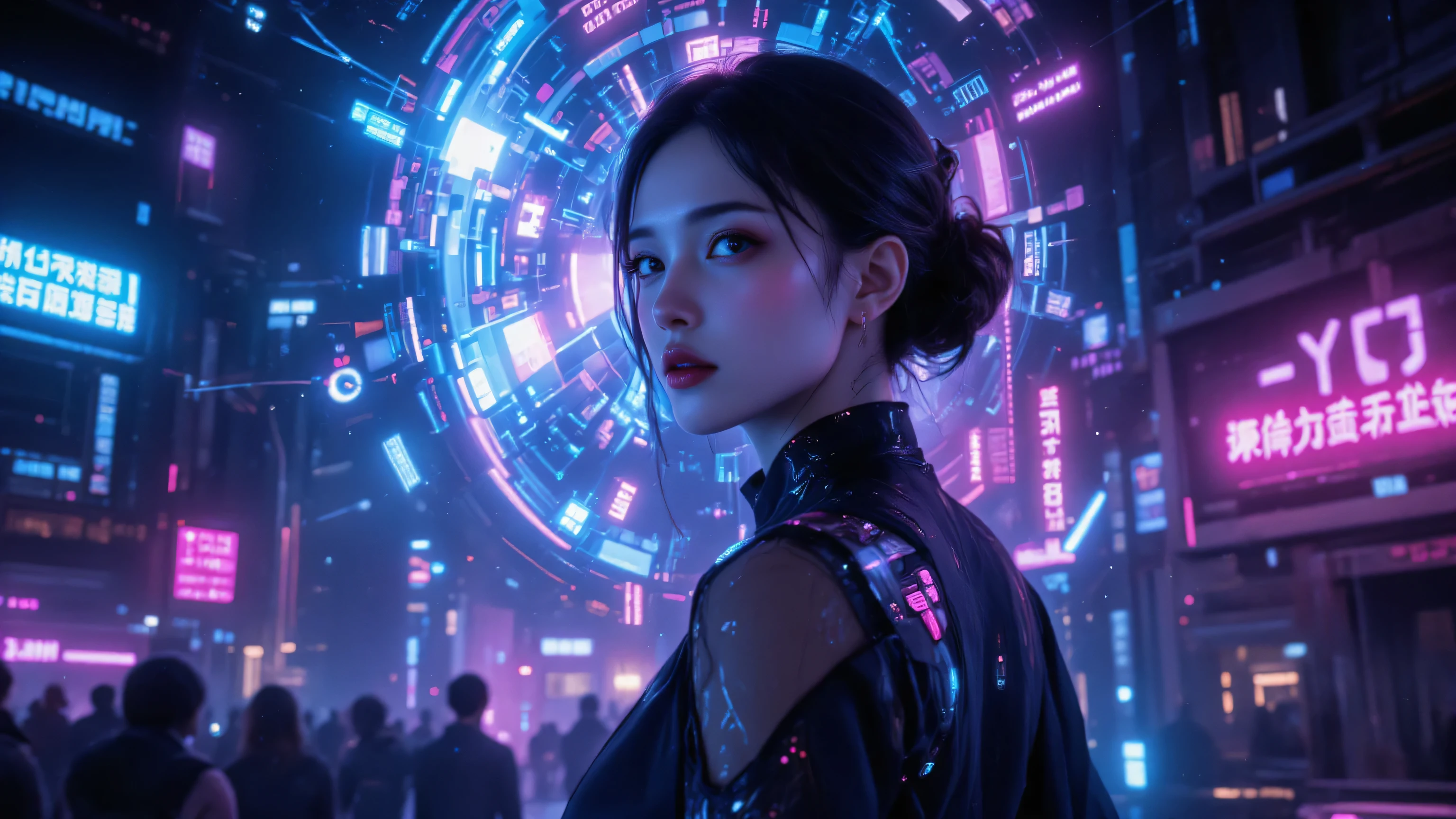 "Immersed in a cyberpunk-inspired, neon-drenched world, captivated by the surreal sight , filled with mesmerizing digital artistry."A aexy beautiful and elegant woman stands