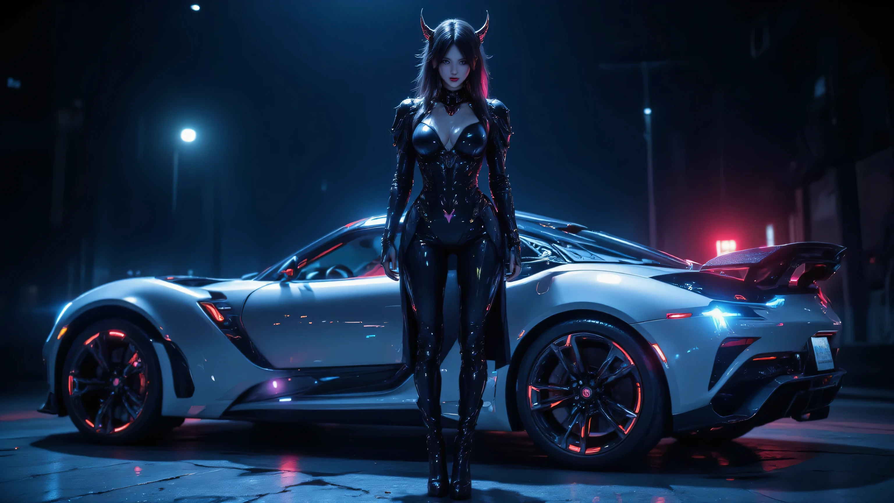 Dark Moonlight Chronicles
downtempo, rap, metal, industrial, dubstep, darkwave, light A fearless sexy happy beautiful and elegant woman stands  in sexy latex long legs , high heels neon lights stands near futuristic car