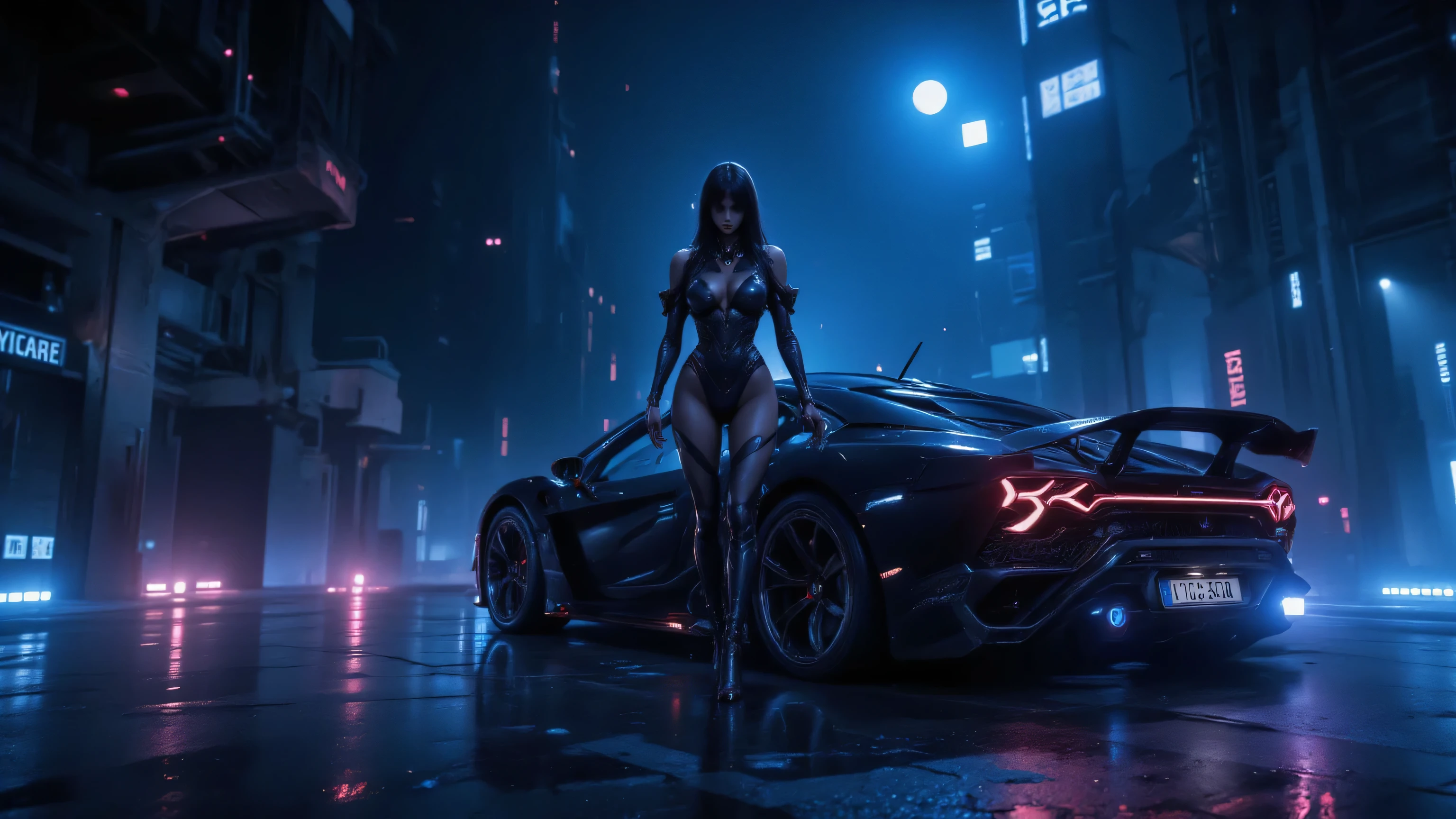 Dark Moonlight Chronicles
downtempo, rap, metal, industrial, dubstep, darkwave, light A fearless sexy happy beautiful and elegant woman stands  in sexy latex long legs , high heels neon lights stands near futuristic car