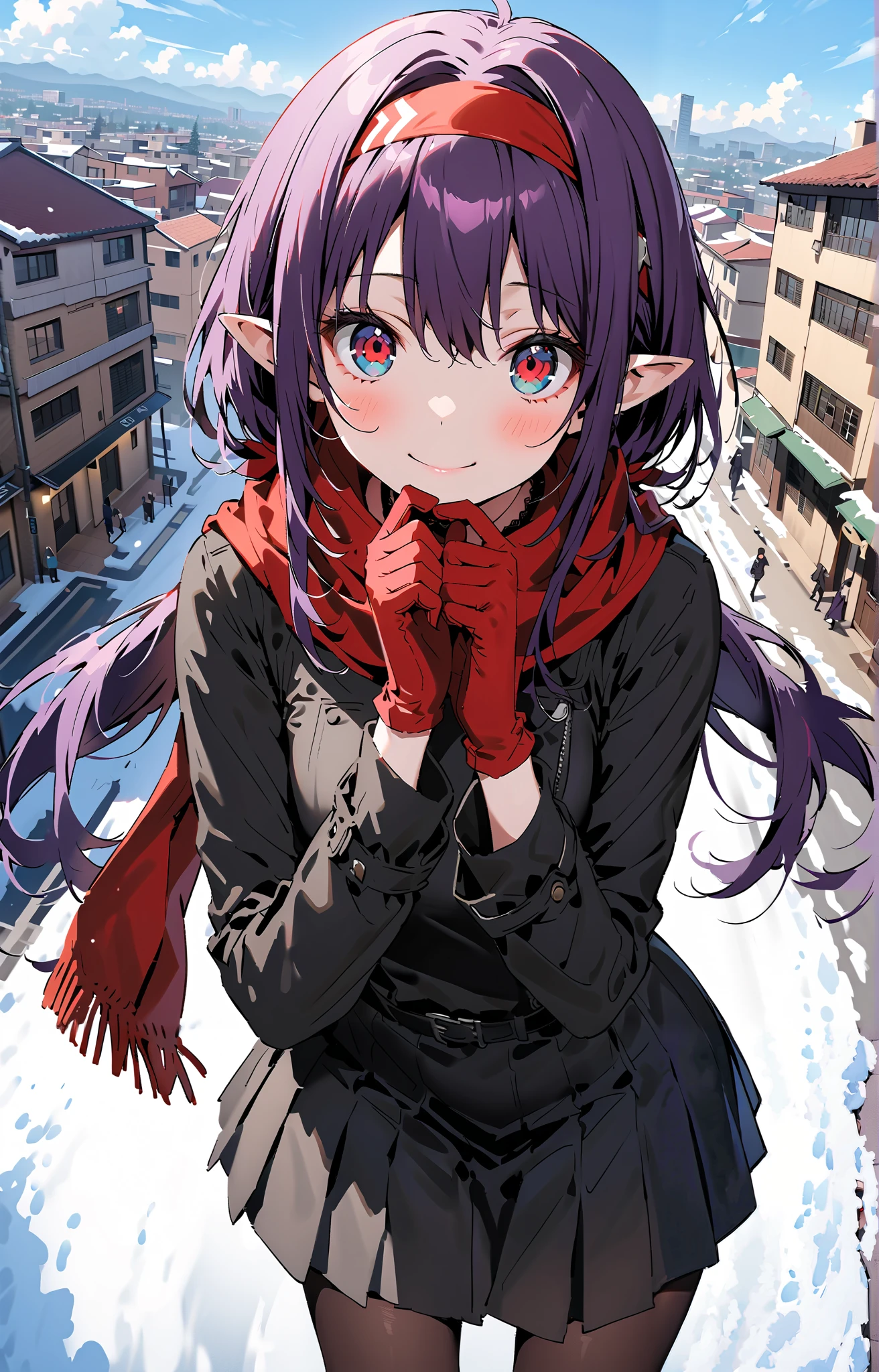 yuukiKonno, Konno Yuuki, headband, long hair, pointed ears , purple hair, low twin tail, red eyes,smile,blush, close your mouth, red scarf,purple down coat ,red gloves ,Black long skirt, black pantyhose, Bbo~, standing,snow,building,whole bodyがイラストに入るように,
break outdoors, City,
break looking at viewer,whole body,
break ( Masterpiece:1.2), best quality , kampala, Unity 8k Wallpaper,(shape:0.8),( fine, beautiful eyes :1.6),It's a person ,whole body写真,CG Details , ( perfect hands, Complete Anatomy),