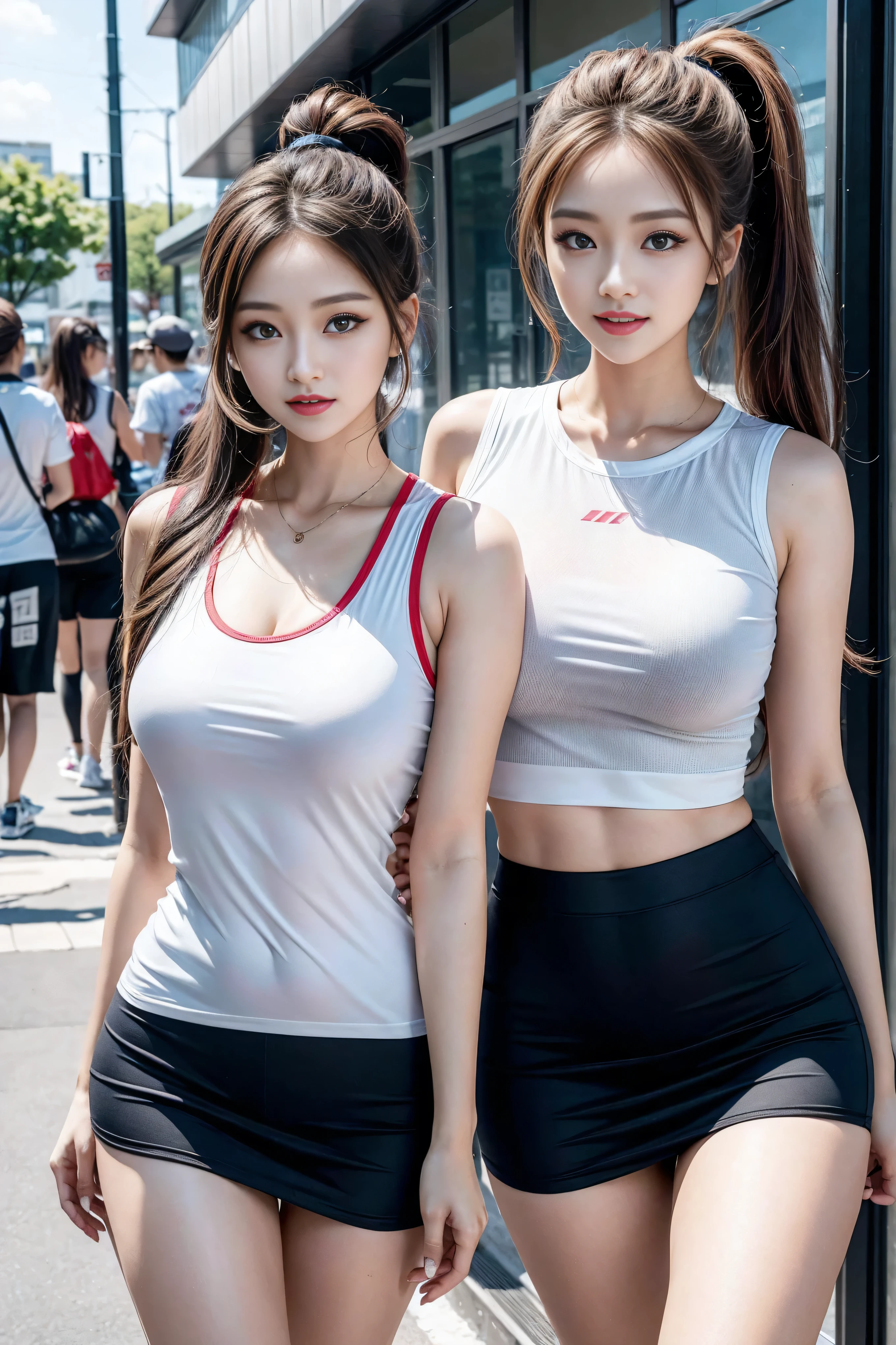 Best Quality, 4K, 8K, A detailed face, Clear face, Beautiful Girl, Korean Makeup, Red lips, Smiling, Perfect body, Big breasts, Thigh, Platinum Hair, hair tied in a ponytail, Girl in sportswear, short crop top, Tight shorts, Black and pink outfit, run, Running posture, Dynamic Posture, View of the city park,