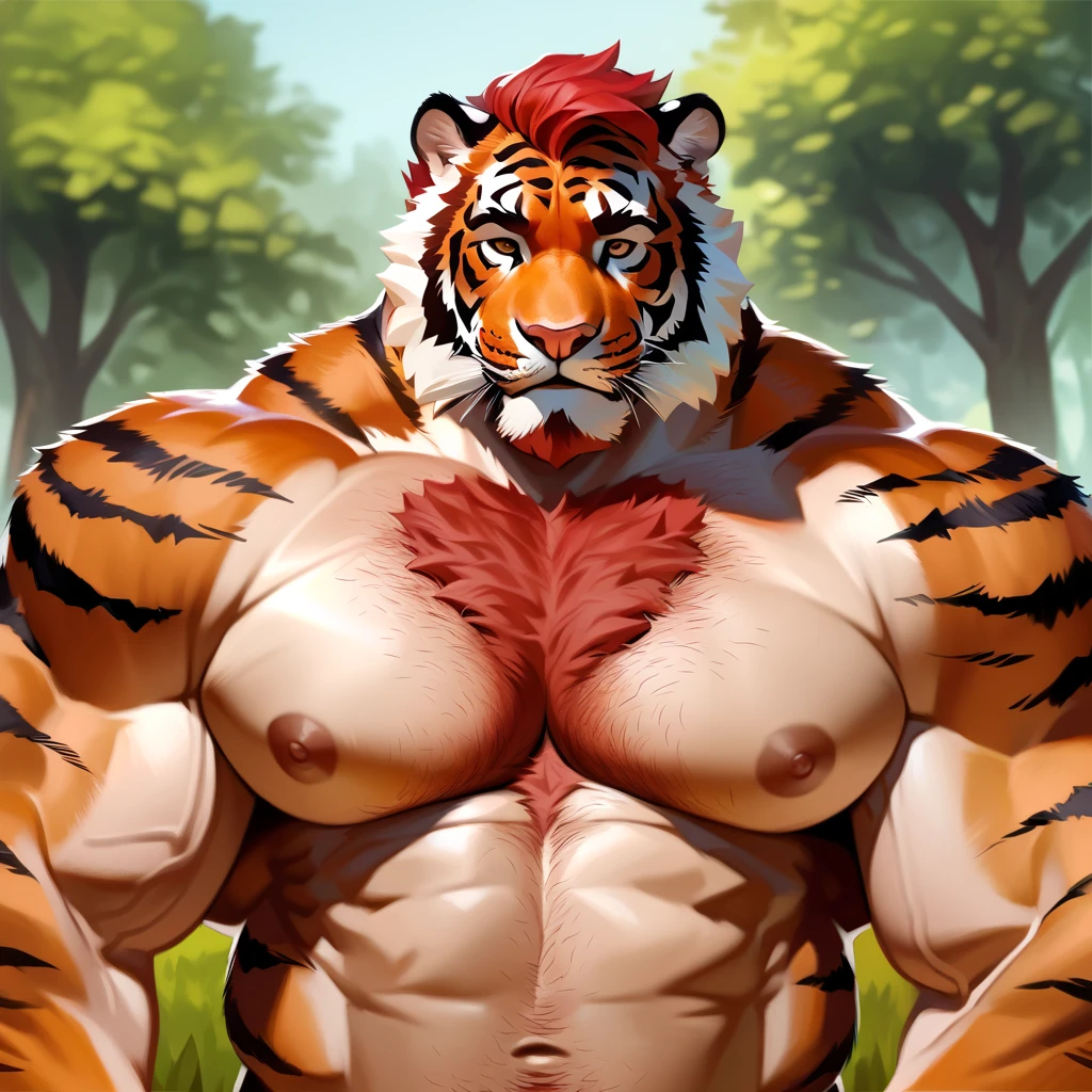 (masterpiece,Highest quality,Very detailed,Perfect Anatomy),kemono,Sharp focus, From taran fiddler,alone,Humanity,Muscular,Tiger,Beautiful eyes,naked,View your viewers,erect penis,smile,low angle,forest