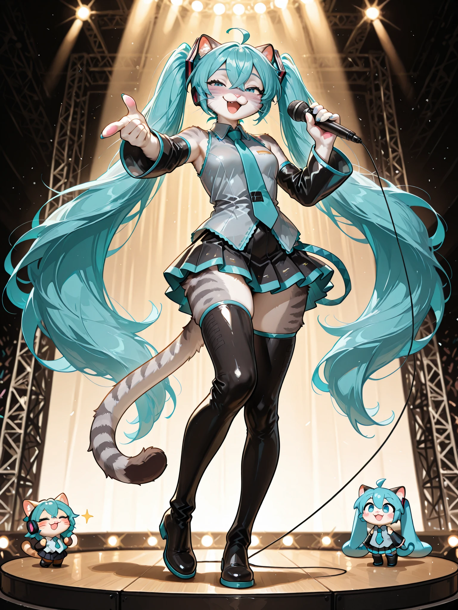 , Masterpiece, best quality, absurd res, anthro, katXL, countershading, adult female,  Anthro furry feline, blue eyes, grey striped fur, :3, snout, cheek fluff, pink nose, whiskers, miku hatsune, ahoge, aqua eyes, aqua hair, crossed bangs, hair between eyes, hair ornament, headphones, long hair, twintails, aqua necktie, black footwear, black skirt, black sleeves, boots, collared shirt, detached sleeves, grey shirt, necktie, pleated skirt, shirt, skirt, sleeveless, sleeveless shirt, thigh boots, tie clip,  standing on a concert stage, holding a microphone, singing into the microphone, one leg up, she is very happy, she is pointing out, low angle shot, blushing, squinting,         BREAK     photorealistic details, detailed fur, detailed hair,