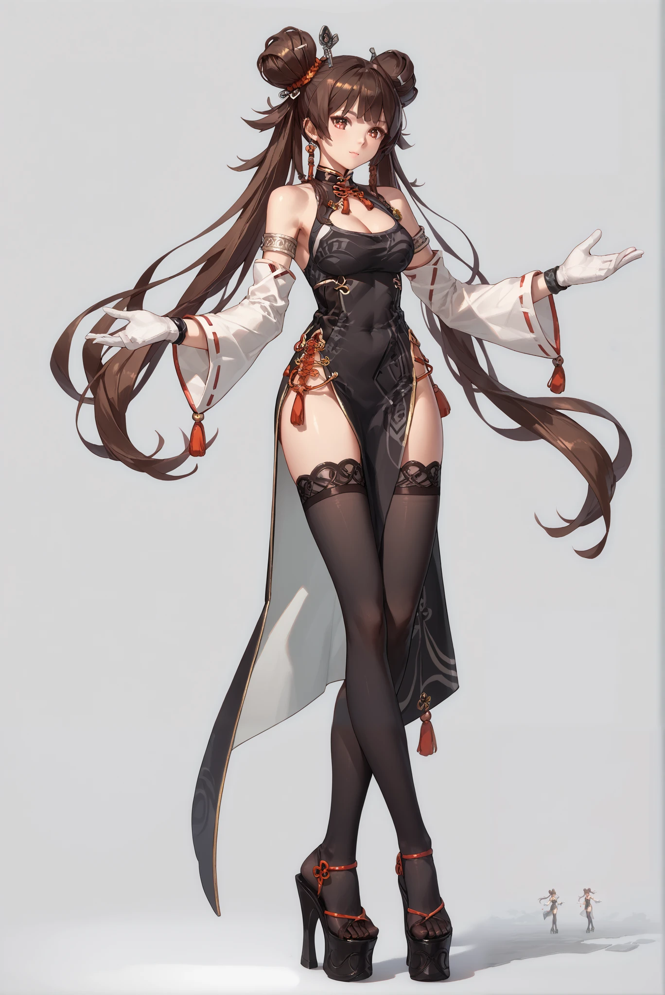 ( stands,whole body:1.7),ruanyi1040,bare shoulders,cleavage,clothing cutout,detached sleeves, miko,ribbon-trimmed legwear,wedgie,HoleHeels,Hole platform/ oval/ Circle Heels,Heels ,Nenmasterdnf, double buns, twintails, bangs, china dress, clothing cutout, sleeveless, armlet, white gloves, black thighhighs, side-slit