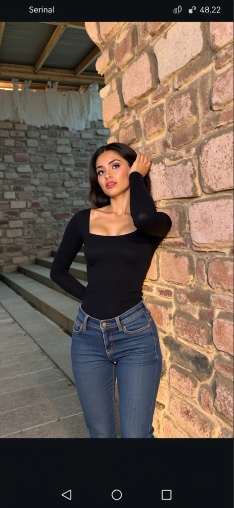 A beautiful, radiant woman stands before an orange background in a mid-shot portrait, her full body illuminated by the golden hour sun. Dressed in a black top that hugs her figure, and jeans that accentuate her curves, she exudes an aura of confidence and allure. Her turtleneck peeks out from under the jacket, adding a layer of sophistication to her attire. With her arms relaxed at her sides, she faces the camera, her enchanting smile playing on her full lips. Her eyes sparkle with life, and her wavy, dark hair catches the sunlight, giving the picture a fanart or album art quality that is both captivating and artistic. The high