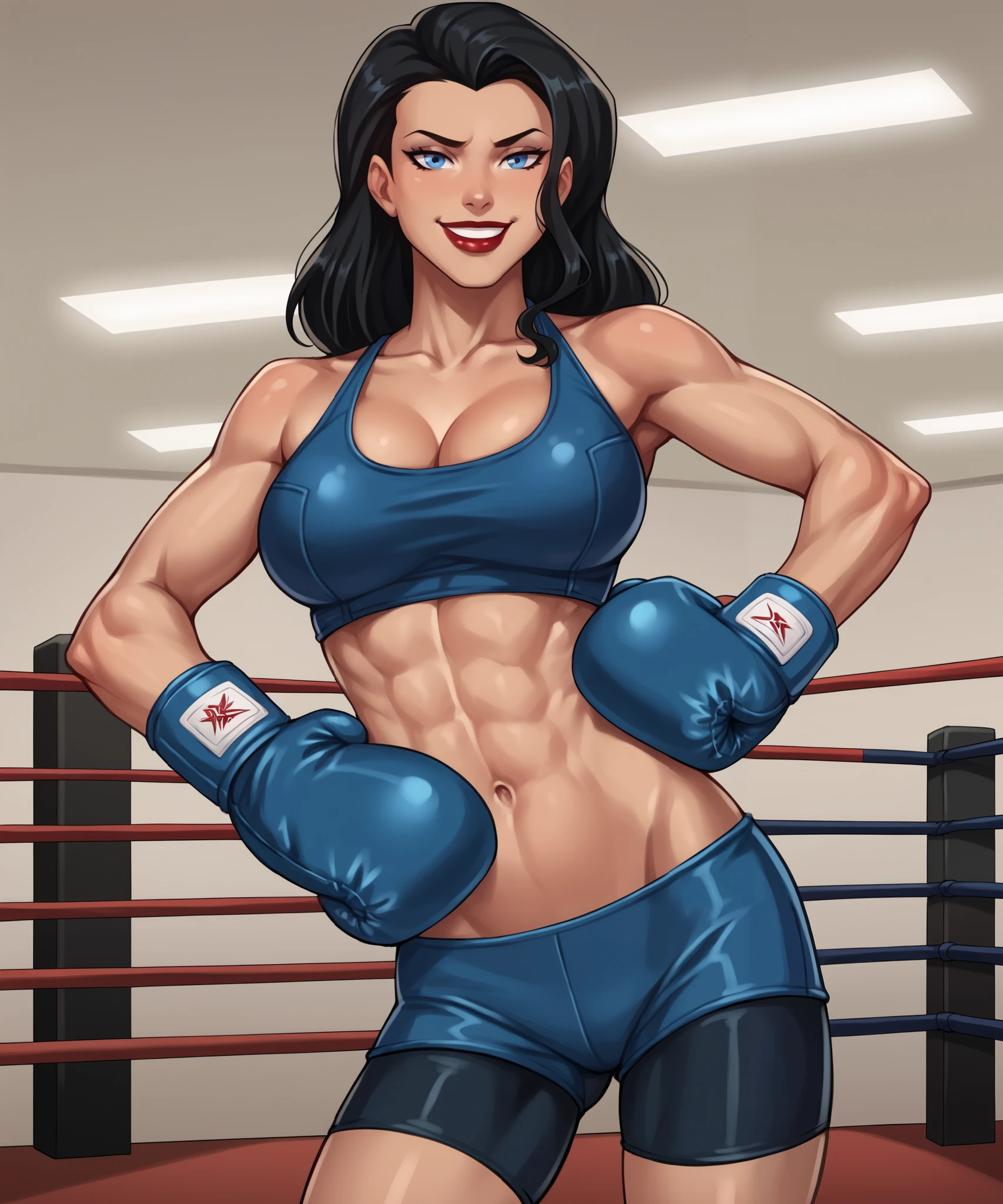 safe_pos, PonyXLV6_Scores BREAK ((parody style, parody), perfect anatomy, perfect eyes, cowboy shot), BREAK zatanna, black hair, blue eyes, dark red lipstick, makeup, ((looking at viewer)), dark blue bike shorts, curvy, toned, athletic, large breasts, standing, indoors, smiling, gym, dark blue boxing gloves, hands on hips, boxing ring, bedroom eyes, happy expression, standing