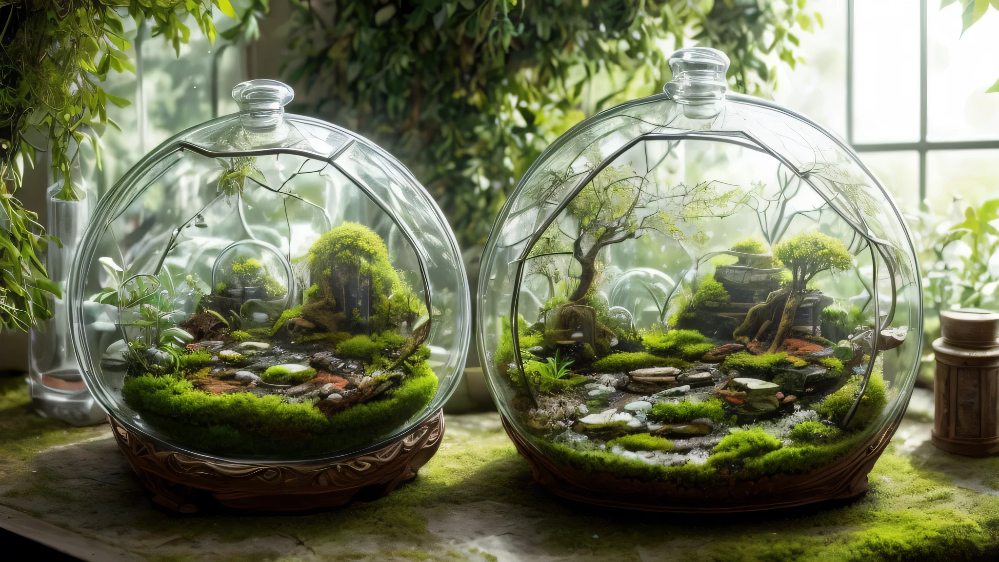 「1Encased in two glass domes、A beautiful and delicate terrarium。Various kinds of green plants are harmoniously arranged、Small stones and tree branches are scattered around。Warm natural light pours in、It creates a fantastic atmosphere, as if a small world is spreading inside the terrarium.。Realistic and detailed texture and color、Generate a CG rendered terrarium wallpaper。」