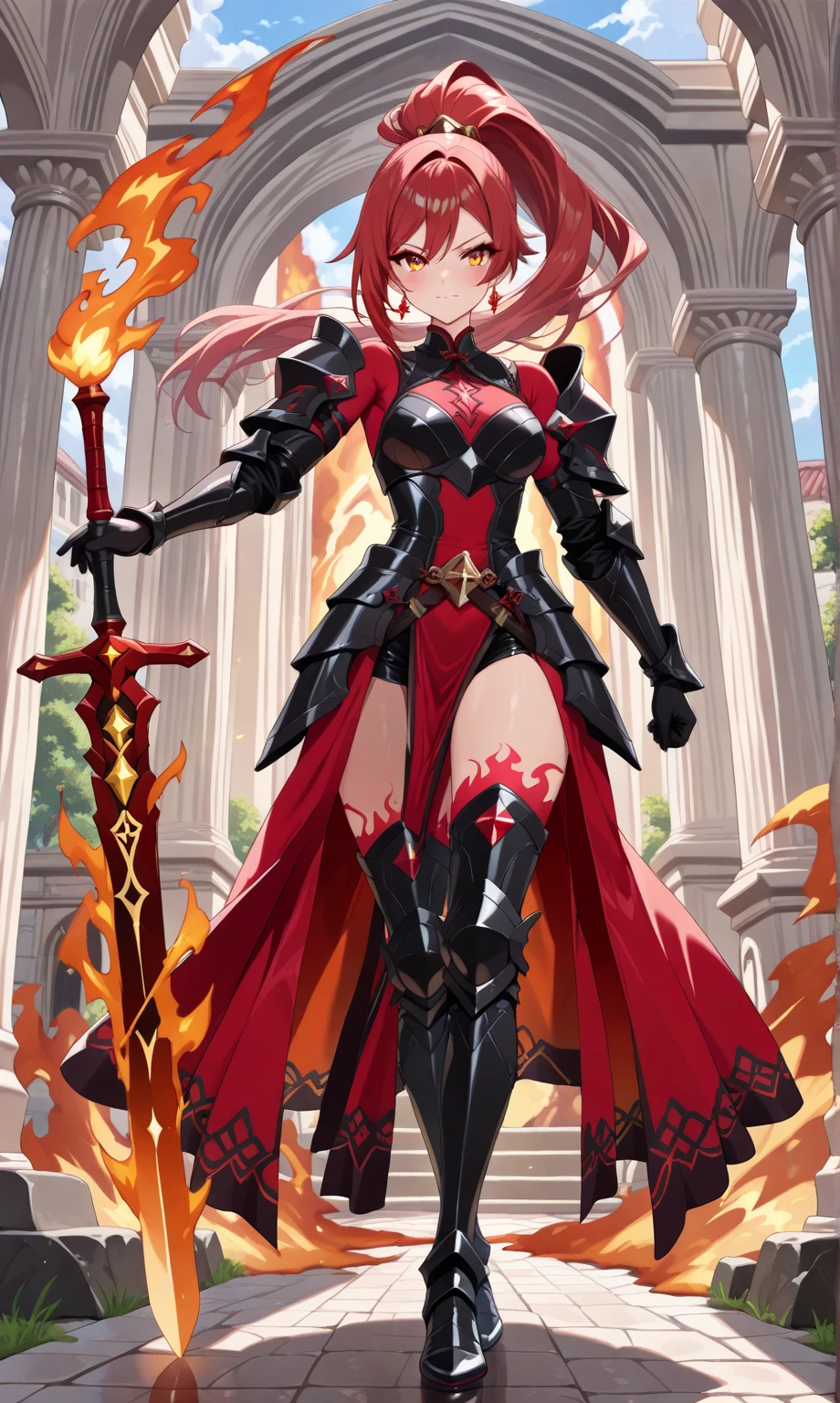 一位手持剑和盔甲的Girl的特写镜头, 红发Girl圣殿骑士, 铠甲Girl, Lady in red armor, Girl战士, Girl骑士, 一位非常美丽的Girl, of a beautiful Girl骑士, bikini armor Girl骑士, Phantom Warrior, She holds a sword，HD，Ultra-clear，Japanese painting style，cartoon，Japanese games，Red Cape，Red sword，Shield，Full body portrait，Girl，slim，thin，Petite，Six-headed body，150cm height，Thinner waist，Thinner thighs