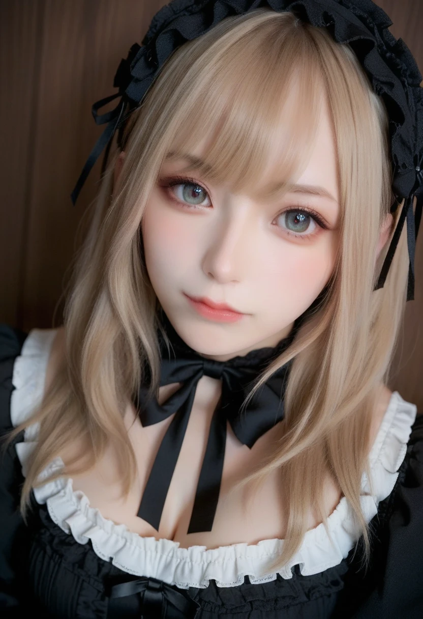 score_9, score_8_up, score_7_up, score_6_up, portraits, good anatomy, masterpiece, best quality, realistic, 1girl, beautifull eyes, beautifull face, detailed eyes and face, dynamic lighting, in the dark, deep shadow, low key, cowboy shot, closed mouth, close up face, (((Gothic and Lolita clothing))), ((medium full breasts)), sitting, blush, blonde Hair, black hair, 