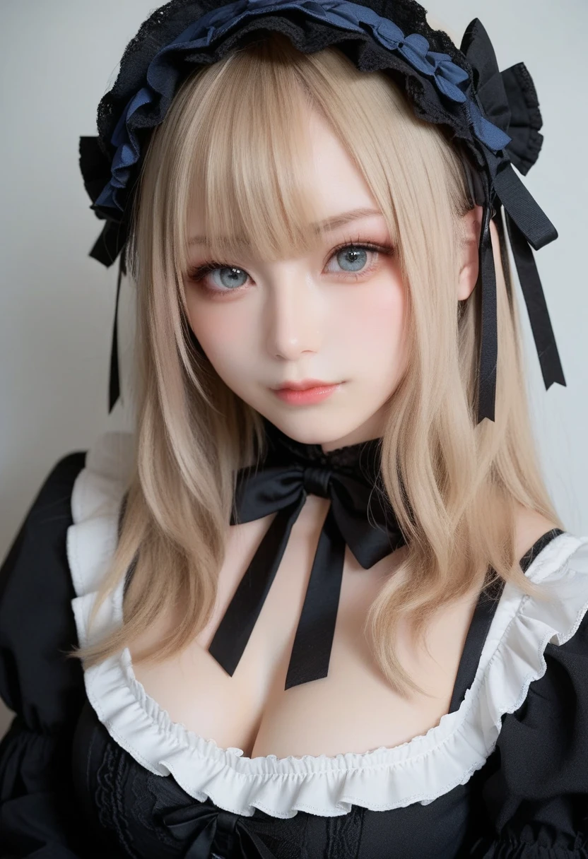 In maid clothes 、hair ornaments、whole body、Photo taken from below、one beautiful maid、((Blonde Up Style))、indoor