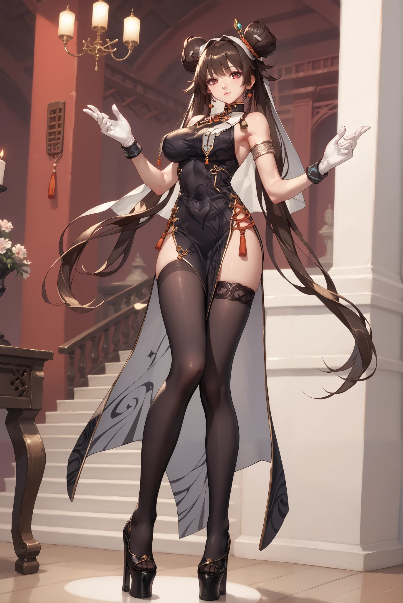 ( stands,whole body:1.7),ruanyi0847,bodysuit,breast curtains,dress,nun,pantyhose,pelvic curtain,HoleHeels,Hole platform/ oval/ Circle Heels,Heels ,Nenmasterdnf, double buns, twintails, bangs, china dress, clothing cutout, sleeveless, armlet, white gloves, black thighhighs, side-slit