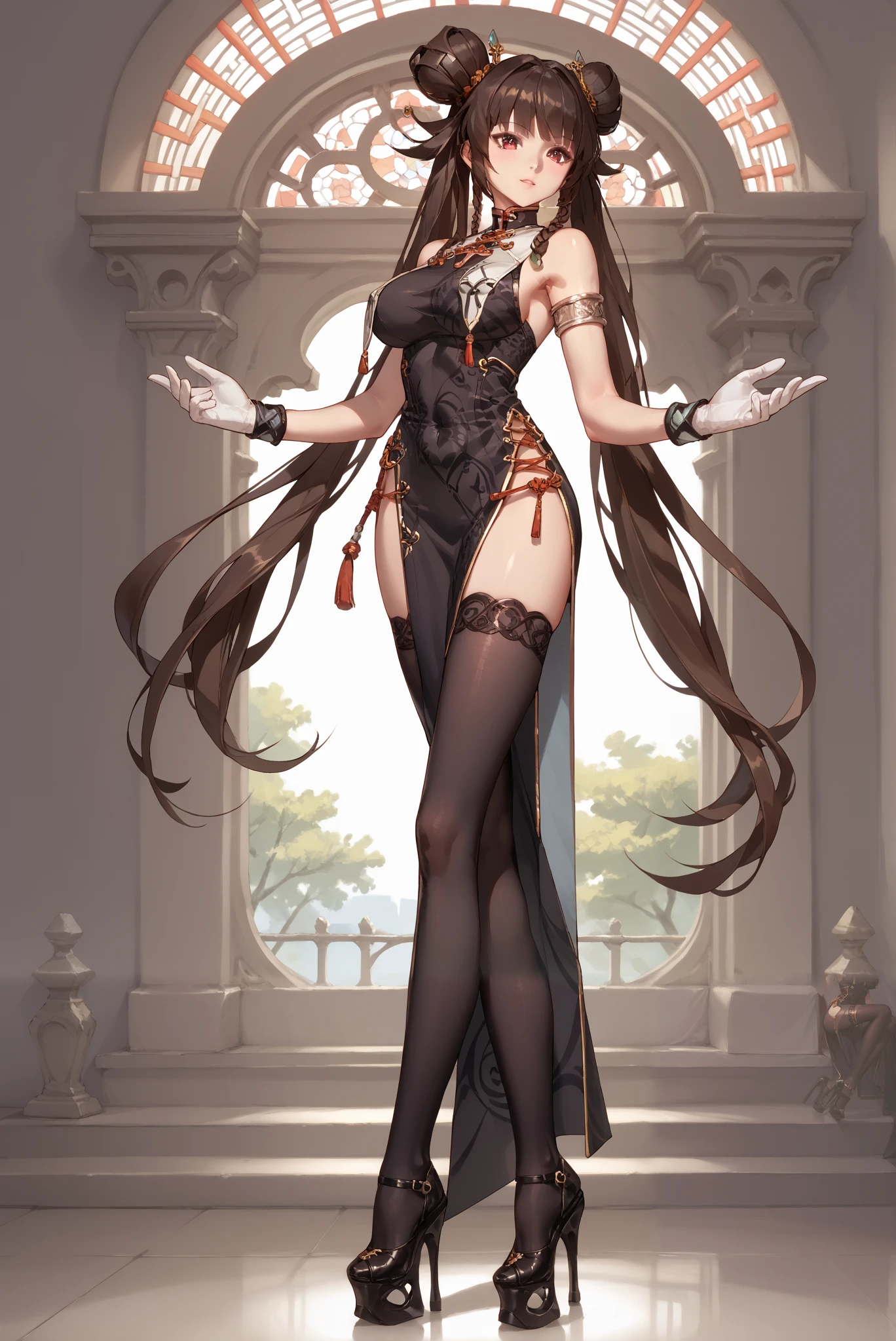 ( stands,whole body:1.7),ruanyi0847,bodysuit,breast curtains,dress,nun,pantyhose,pelvic curtain,HoleHeels,Hole platform/ oval/ Circle Heels,Heels ,Nenmasterdnf, double buns, twintails, bangs, china dress, clothing cutout, sleeveless, armlet, white gloves, black thighhighs, side-slit