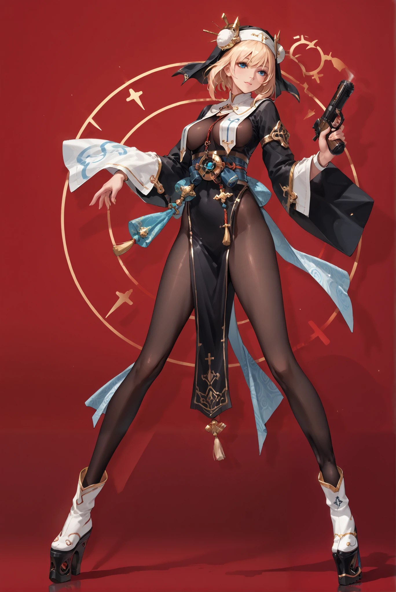 （ stands，whole body:1.7),ruanyi0847,bodysuit,breast curtains,dress,nun,pantyhose,pelvic curtain,HoleHeels，Hole platform/ oval/ Circle Heels，Heels ，DNF-FGUN,blonde hair,short hair,bunbun, blue eyes,wide sleeves,japanese clothes,brown skirt,glowing belt,white boots,
