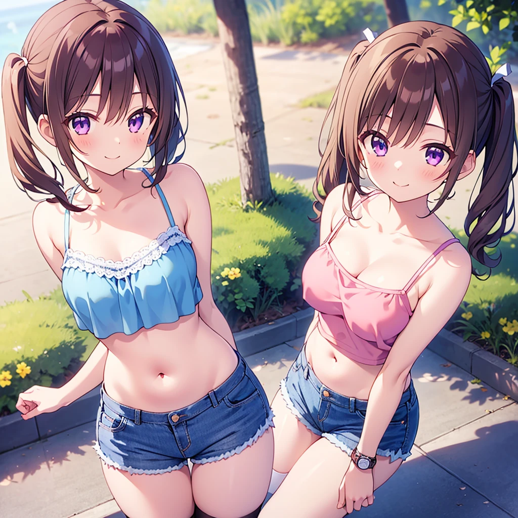 (masterpiece, Best Quality, ultra-detailed, high resolution, extremely detailed CG, official art, Professional Lighting, Perfect Anatomy, anime colors), (from below), ((Misty from pokemon)), looking at viewer, cowboy shot, perfect body, 24yo beautiful 1girl, medium hips, glamorous body,a small face,beautiful-makeup,Makeup light,Shortcut Hair,dark brown hair、Bust triple d Cup, Amazing Cleavage, thin waist, big ass, bubbly ass, round buttocks, Raised sexy, big breast: 1.2 posed cleavage:1.2, (off shoulders,Sportsbra,legginullnude), micro denim shorts, bare legs, nail_polish, pale skin, Waiting friend, (morning:1.5), tokyo, (convenience store:1.3), outdoor, (depth of field:1.3), contrapposto, (Hold a coffee in your hand:1.3),delicate beautiful face, Bright magenta eyes, cute eyes, sparkling eyes, Big eyes, (big breasts:1.3), (perky chest:1.1), (pointed chest:1.3), looking at viewer,