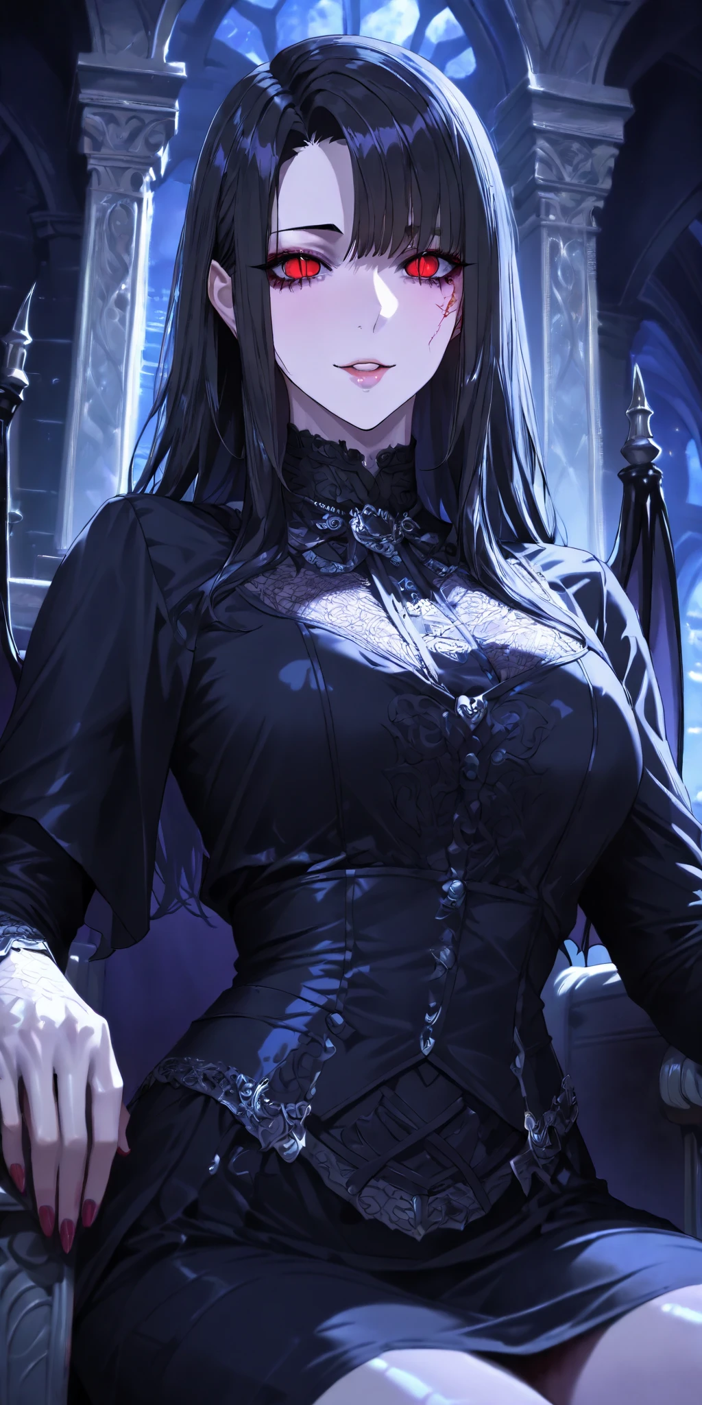 Mavis_dracula, full body, pantyhose, huge breast, pants, goth, long dress, black hair, flip flips, smile, long robe, skirt, victorian clothing, long skirt
