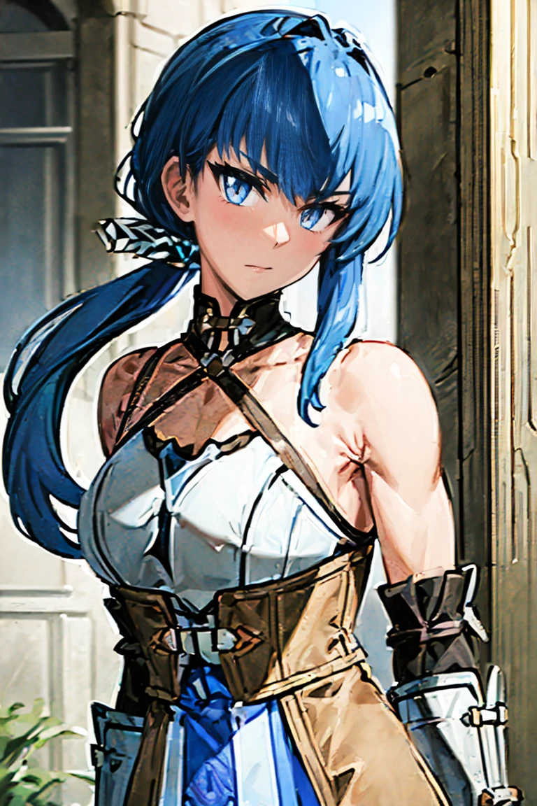 A fantasy anime 23 year old woman with blue hair and green eyes. She is wearing knight armor and is swinging a sword.