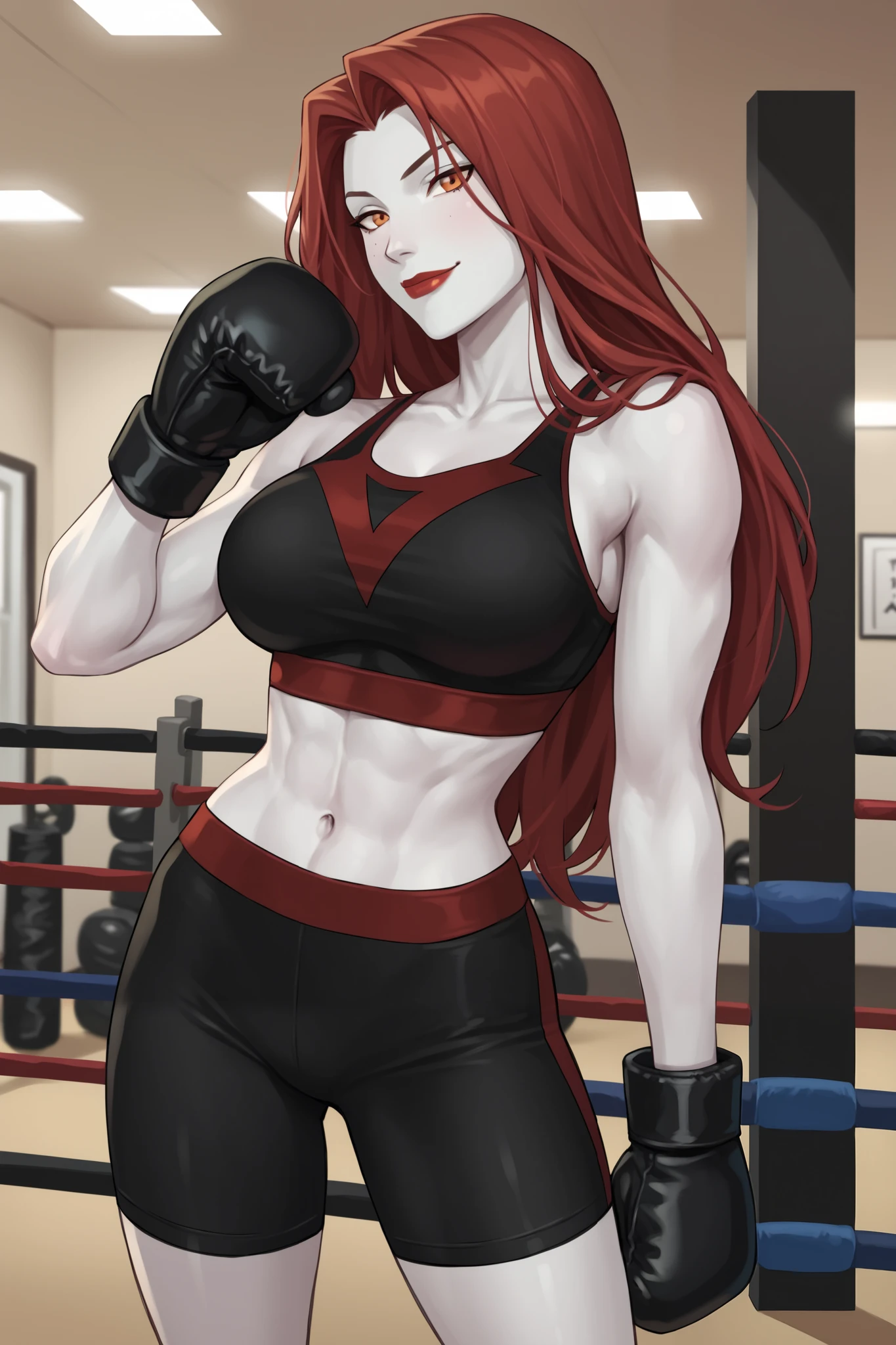 PonyXLV6_Scores BREAK (perfect anatomy, perfect eyes), BREAK mgann morzz, long hair, red hair, colored skin, white skin, orange eyes, makeup, dark red lipstick, ((looking at viewer)), superhero, black sports bra, black boxing gloves, black bike shorts, curvy, toned, athletic, large breasts, hand on hips,  indoors, gym, smiling, closed mouth, boxing ring, bedroom eyes, happy expression