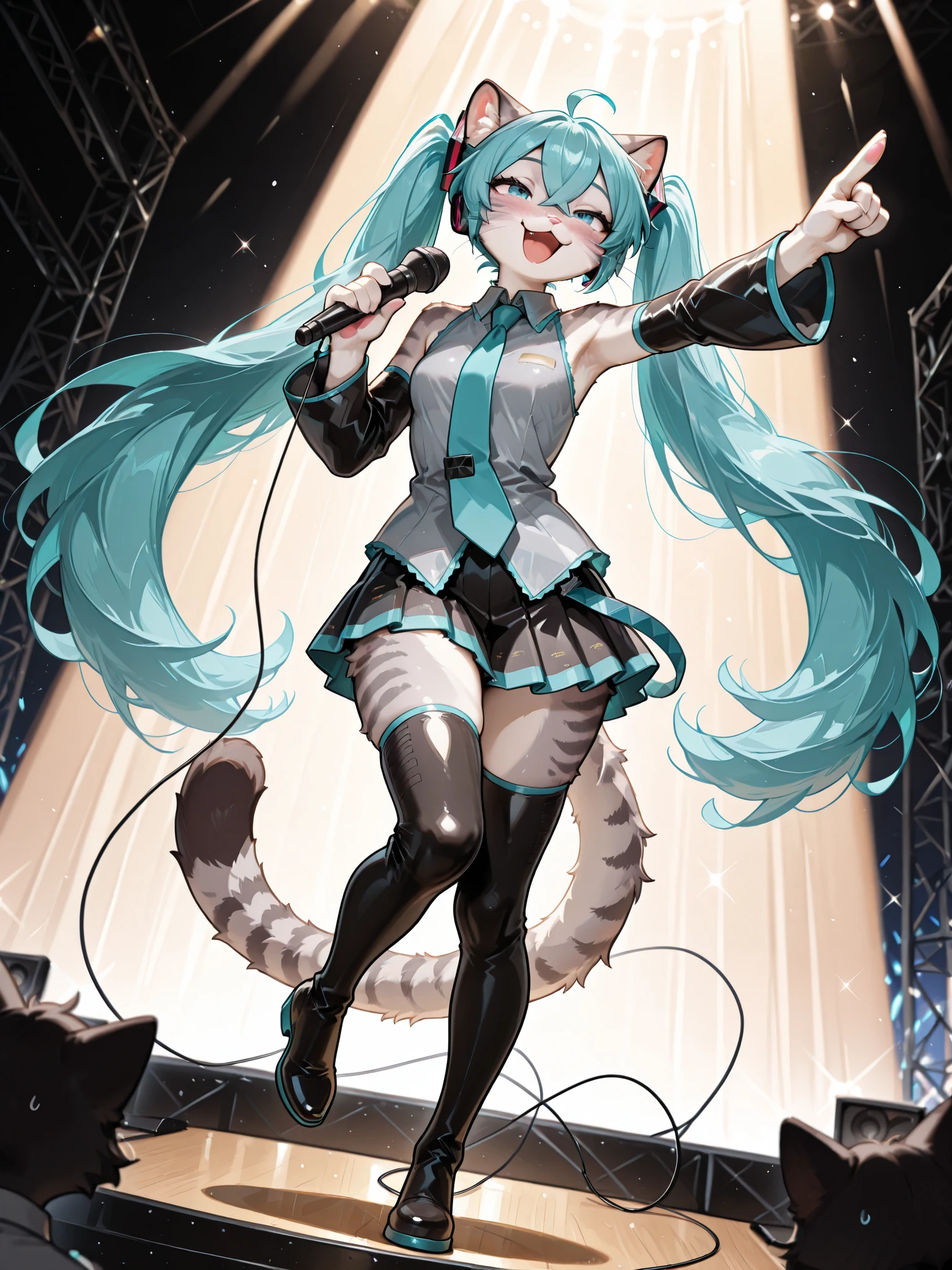 , Masterpiece, best quality, absurd res, anthro, katXL, countershading, adult female,  Anthro furry feline, blue eyes, grey striped fur, :3, snout, cheek fluff, pink nose, whiskers, miku hatsune, ahoge, aqua eyes, aqua hair, crossed bangs, hair between eyes, hair ornament, headphones, long hair, twintails, aqua necktie, black footwear, black skirt, black sleeves, boots, collared shirt, detached sleeves, grey shirt, necktie, pleated skirt, shirt, skirt, sleeveless, sleeveless shirt, thigh boots, tie clip,  standing on a concert stage, holding a microphone, singing into the microphone, one leg up, she is very happy, she is pointing out, low angle shot, blushing, squinting, Dutch angle, she is looking ahead,         BREAK     photorealistic details, detailed fur, detailed hair,