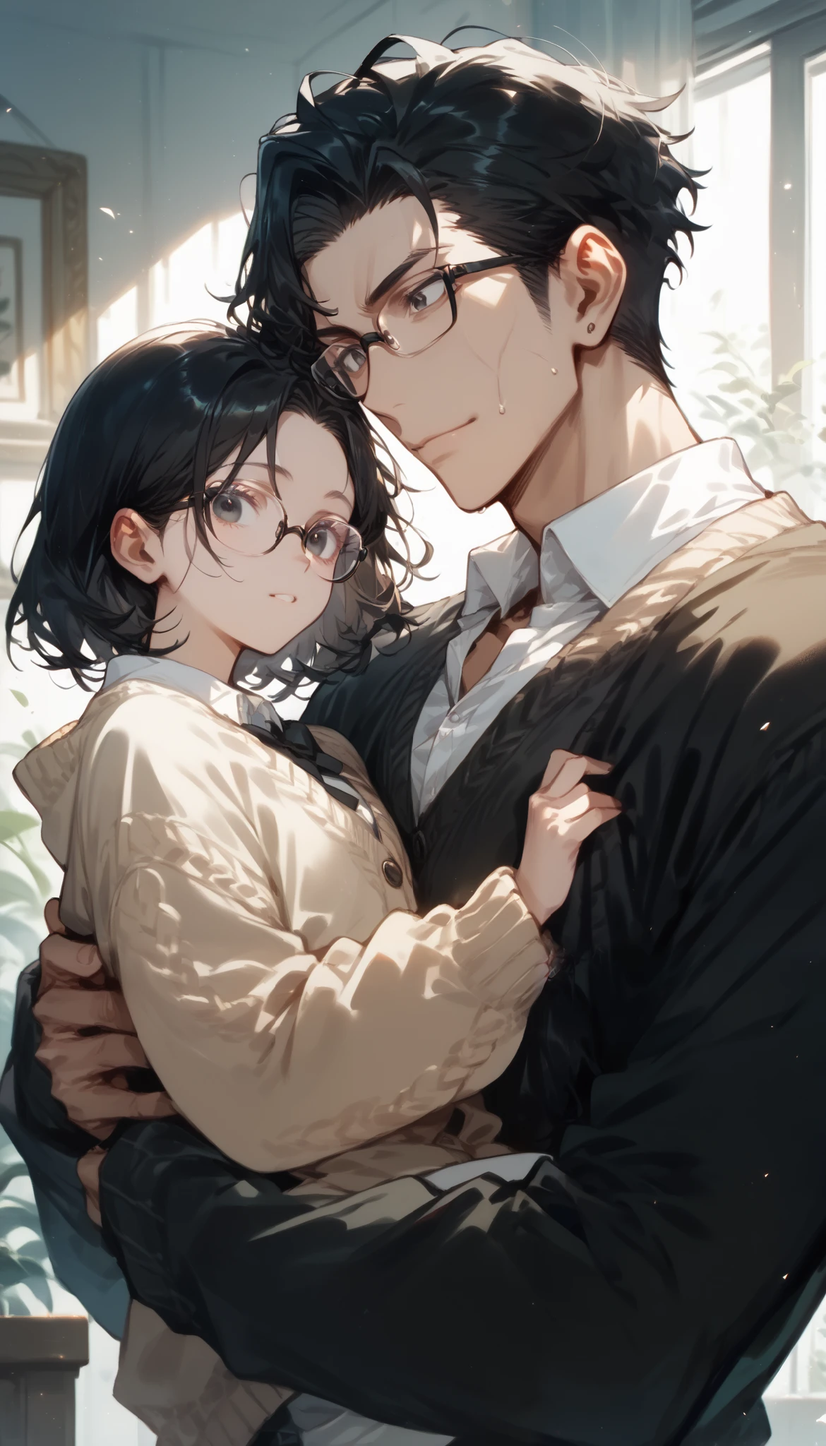 (Fraction_9, Fraction_8_up), Fraction_7_up, Adult male, 5- daughter, family atmosphere, Black Hair, glasses, cardigan, black eyes, upper body, shirt, (((a father carrying his 5-year oldr)))