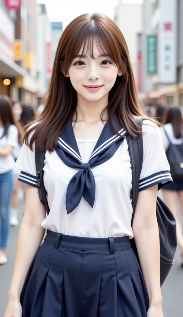 ( Masterpiece, best quality:1.2), one girl, alone, 1, japanese woman, Super cute idol-like face , beautiful model-like figure, big eyes with double eyelids、 ( white shirt, Sailor school uniform, navy blue pleated skirt:1.2), dark brown hair, medium straight hair, With bangs, Carry a backpack to school, smile, The background is Shibuya Ward, Tokyo.