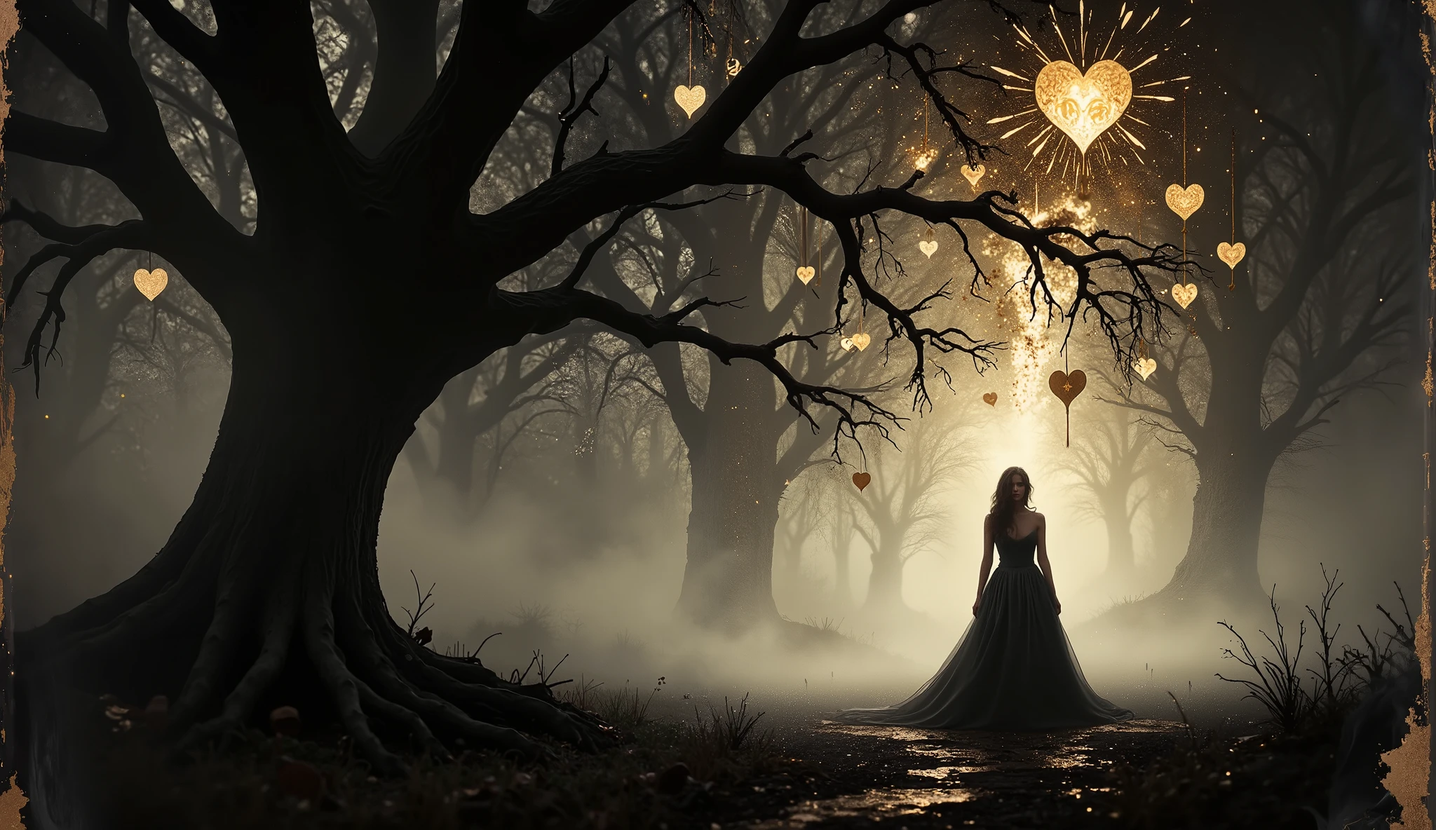a solitary figure dressed in a flowing black gown, standing underneath a gnarled, leafless tree. The tree is adorned with numerous golden, heart-shaped ornaments that hang delicately from its branches, creating a striking visual contrast against the dark backdrop. The atmosphere is moody and ethereal, with a misty ambiance that enhances the sense of mystery within the scene. double exposure with Renoir brushstrokes, ink splashs