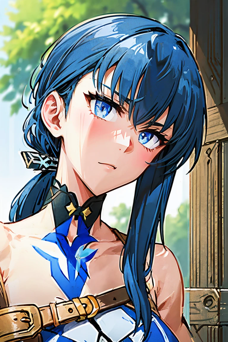 In underwear、Blue Bra、Blue Panties、Panties in full view、In underwear、 1girl, utsumiericeFA,long sleeves, bare shoulders, jewelry, puffy sleeves, necklace,, streaked hair, blue ribbon, puffy long sleeves,magatama,