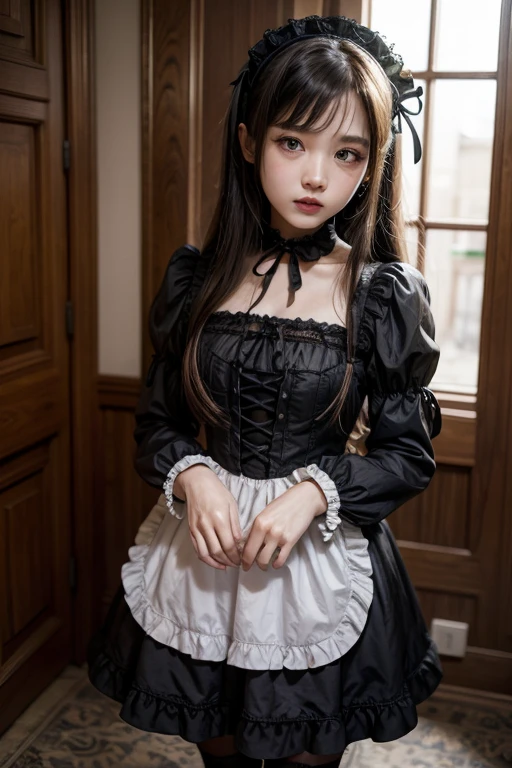 1 Nogizaka Musume、Very cute、a beauty girl、age19、(Gothic Lolita Fashion)、Beautiful face, eyes and skin with exquisite detail、Fine black shiny hair、Classy ruffles、frilled tie、Ribbon tie、rose hair accessory、(Smile at the camera)、(cowboy shot)、(European seas)、profetional lighting、BREAK、(realisitic、Photorealsitic:1.37)、8K、(masterpiece)、(top-quality:1.4)、(超A high resolution:1.2)、 (Raw photography:1.2)、(Delicate lace、Soft fabric、Beautiful rose pattern dress)、perfect anatomia、4 fingers and 1 thumb、seaside backgroud、(Wallpapers by Unity 8K)