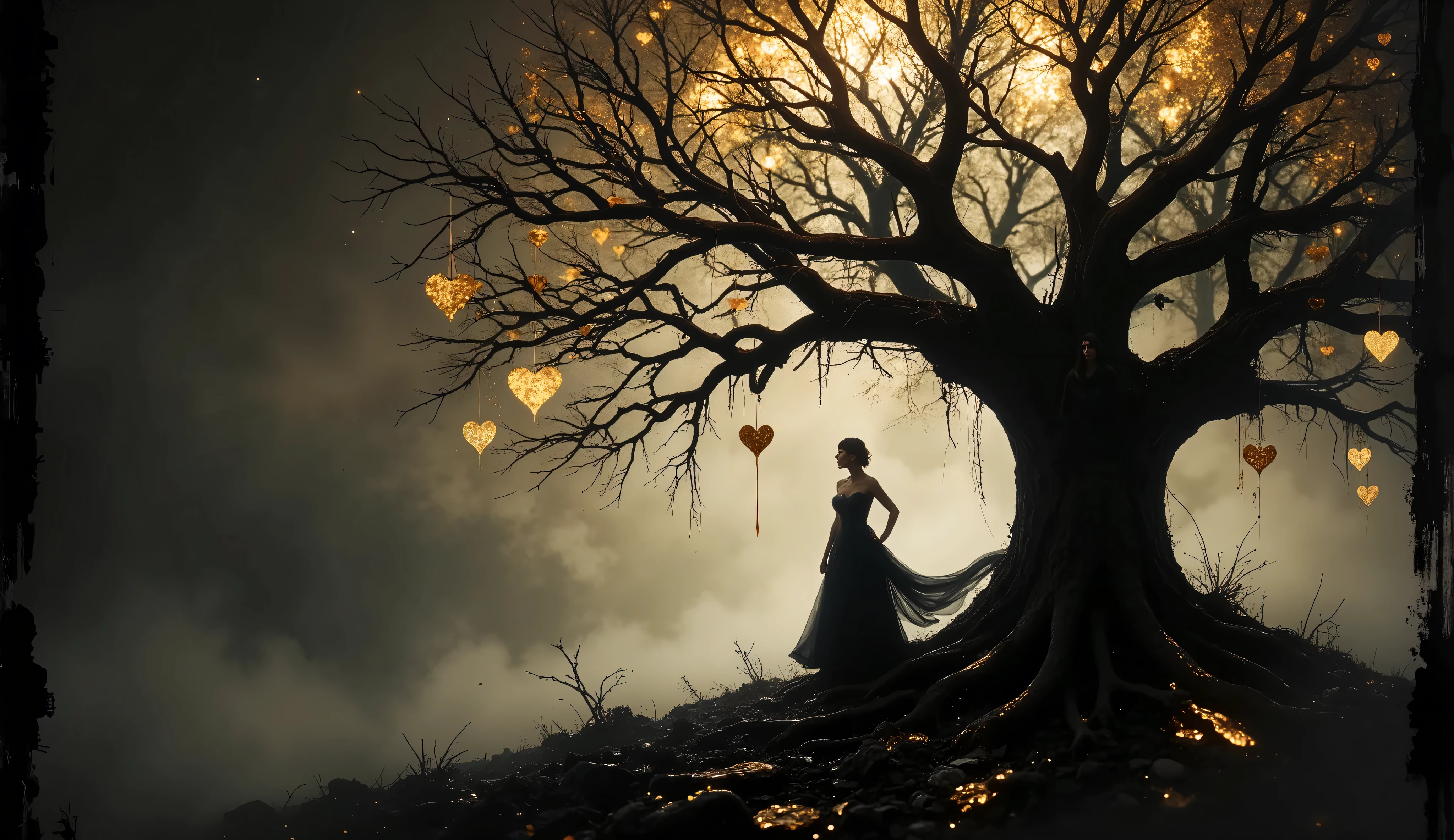 a solitary figure dressed in a flowing black gown, standing underneath a gnarled, leafless tree. The tree is adorned with numerous golden, heart-shaped ornaments that hang delicately from its branches, creating a striking visual contrast against the dark backdrop. The atmosphere is moody and ethereal, with a misty ambiance that enhances the sense of mystery within the scene. double exposure with Renoir brushstrokes, ink splashs