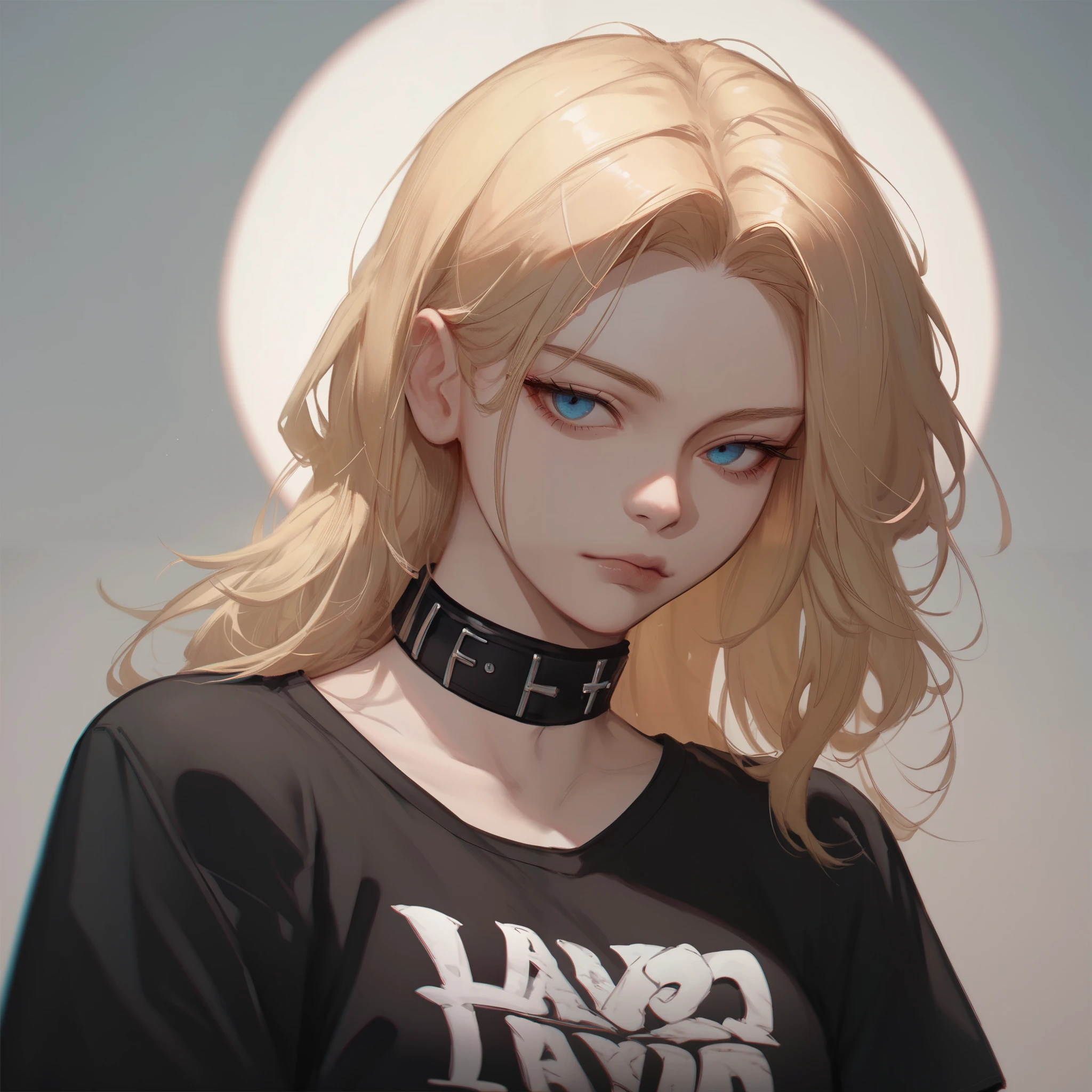 1girl solo, 21 year old, blonde straight hair parted in the middle, pale skin, black metal bad t-shirt without sleeves, black leather accesories, blue eyes.
(Niji style, cartoon style, fauxoil)