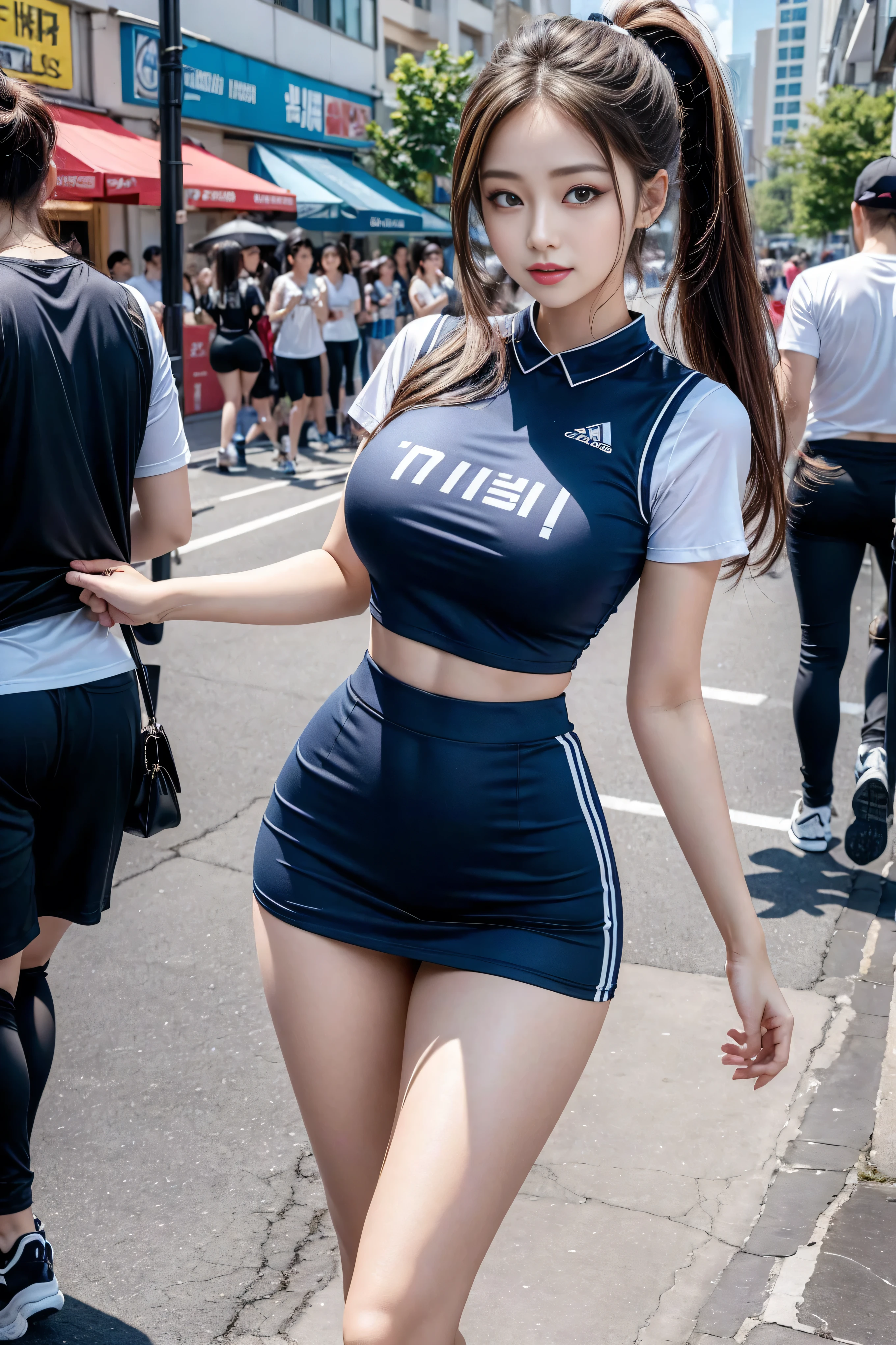 ((masterpiece)), ((best quality)), ((ultra-detailed)),((hyperrealistic)),shiny skin,1girl,,(((swept bangs))),hair intakes ,black hair,long hair,straight hair,sidelocks,sideburns,((dark purple eyes)),medium breasts,14 years old,smile,(grid girl,pit girl,Paddock girl,miniskirt,white shirt),dynamic angle,circuit,((Wearing a grid girl outfit with sponsor's logo printed, costume, uniform, race queen)),skirt suit, motor show,motorcycle, racing car,((from below)),