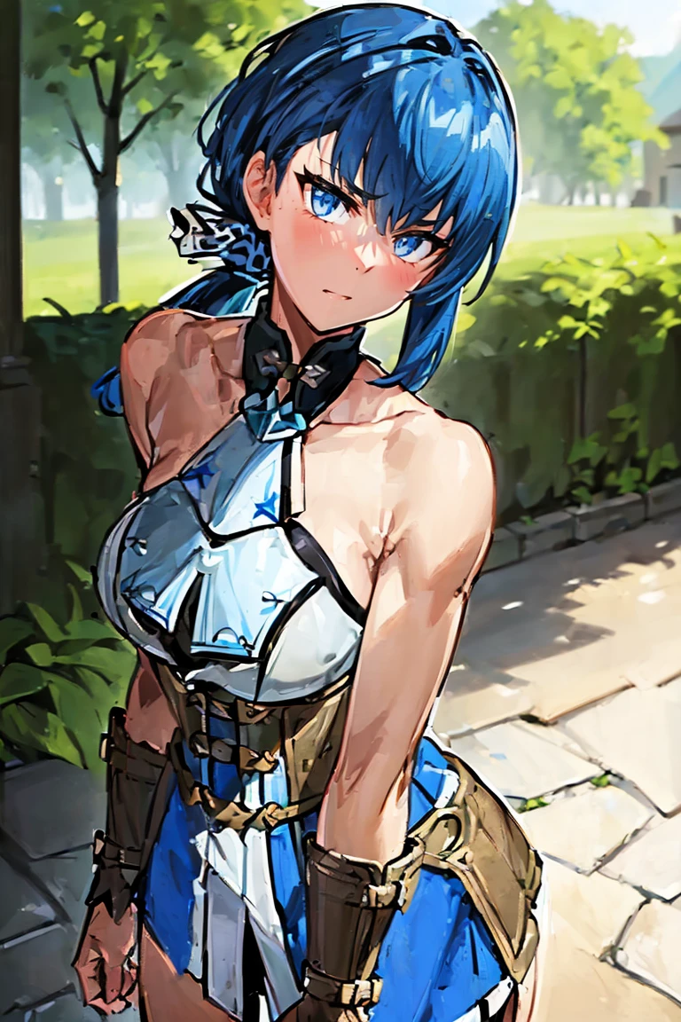 <lora:mai:0.8> mai, outdoors, from behind, castle ruins, stairs, upper body, looking at viewer, depth of field, <lora:Arcane Style:0.4> <lora:Genshin Impact:0.5>, best quality, masterpiece, absurdres,