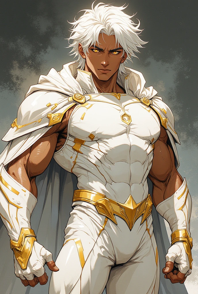 A young man with long white dreadlocks, dark skin, a melancholic expression, drooping eyelids and eyebrows, a lean face, a thin yet sturdy build, a tattered and ill-fitting light blue fantasy-style adventurer's shirt with short sleeves, revealing his abs, a silver breastplate on his left chest, a large sword is strapped to his back, a yellow belt, white coarse cloth trousers, stands nervously in a fantasy-style western town, this character embodies a finely crafted fantasy-style adventurer in anime style, exquisite and mature manga art style, dramatic, high definition, best quality, highres, ultra-detailed, ultra-fine painting, extremely delicate, professional, perfect body proportions, golden ratio, anatomically correct, symmetrical face, extremely detailed eyes and face, high quality eyes, creativity, RAW photo, UHD, 32k, Natural light, cinematic lighting, masterpiece-anatomy-perfect, masterpiece:1.5