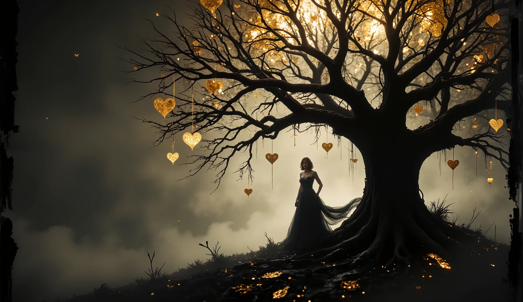 a solitary figure dressed in a flowing black gown, standing underneath a gnarled, leafless tree. The tree is adorned with numerous golden, heart-shaped ornaments that hang delicately from its branches, creating a striking visual contrast against the dark backdrop. The atmosphere is moody and ethereal, with a misty ambiance that enhances the sense of mystery within the scene. double exposure with Renoir brushstrokes, ink splashs